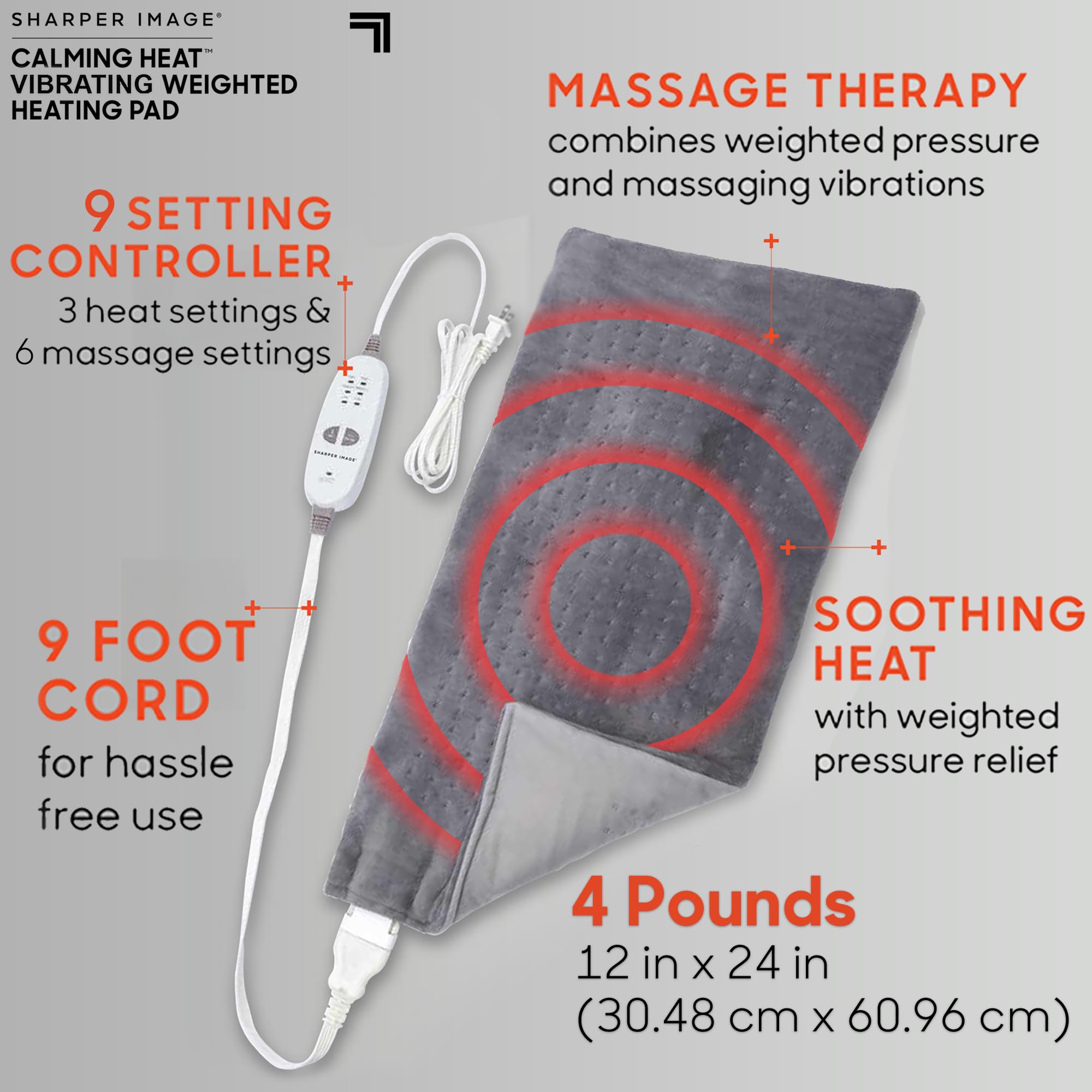 Calming Heat Massage Weighted Heating Pad from Sharper Image - Massage Vibrating Weighted Electric Heating Pad, 6 Gauge - 3 Heat, 3 Massages - 9 Relax Combinations, 12" x 24", 3 Pound