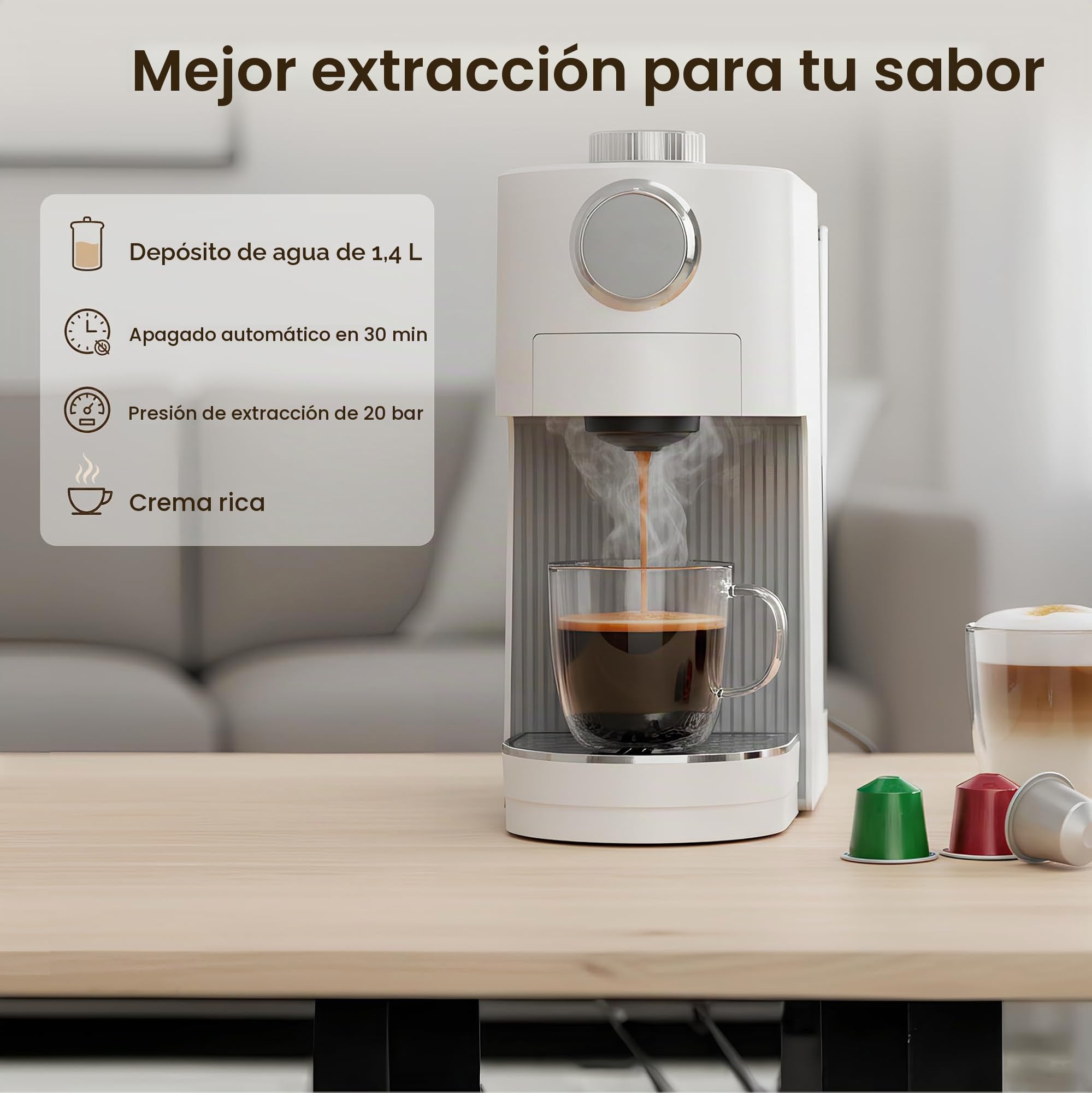 Cafetera Expresso 3 en 1, 20 Bares, Cafetera Multicápsulas Compatible con NES Original/DG/Café Molido, 7 niveles de volumen y temperatura ajustable, para Hogar y Oficina (Blanco)