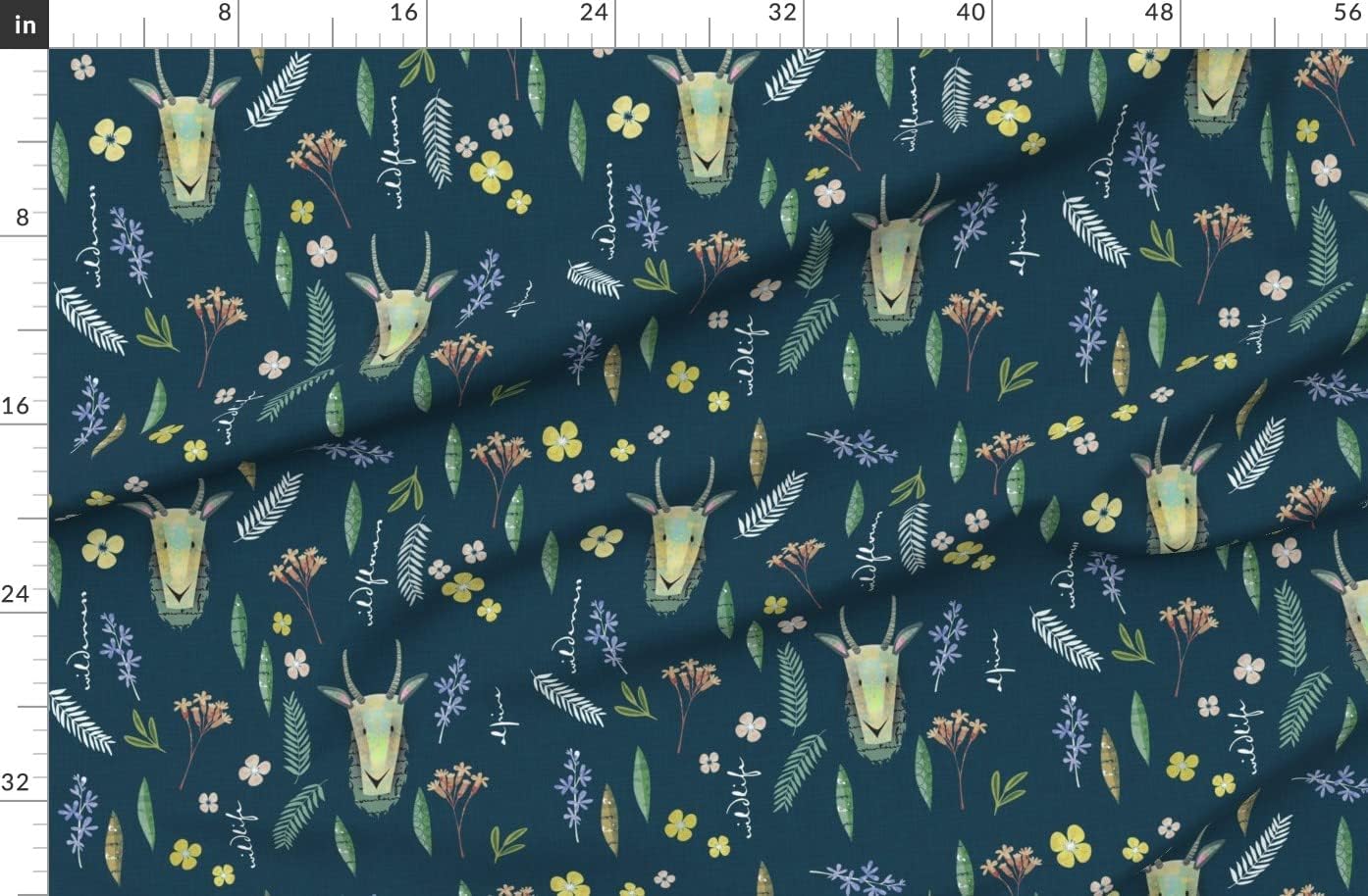 Spoonflower Fabric - Goats Dark Blue Goat Wildflower Flowers Alpine Forest Nature Printed on Organic Cotton Sateen Fabric by The Yard - Sewing Quilting Apparel Home Decor