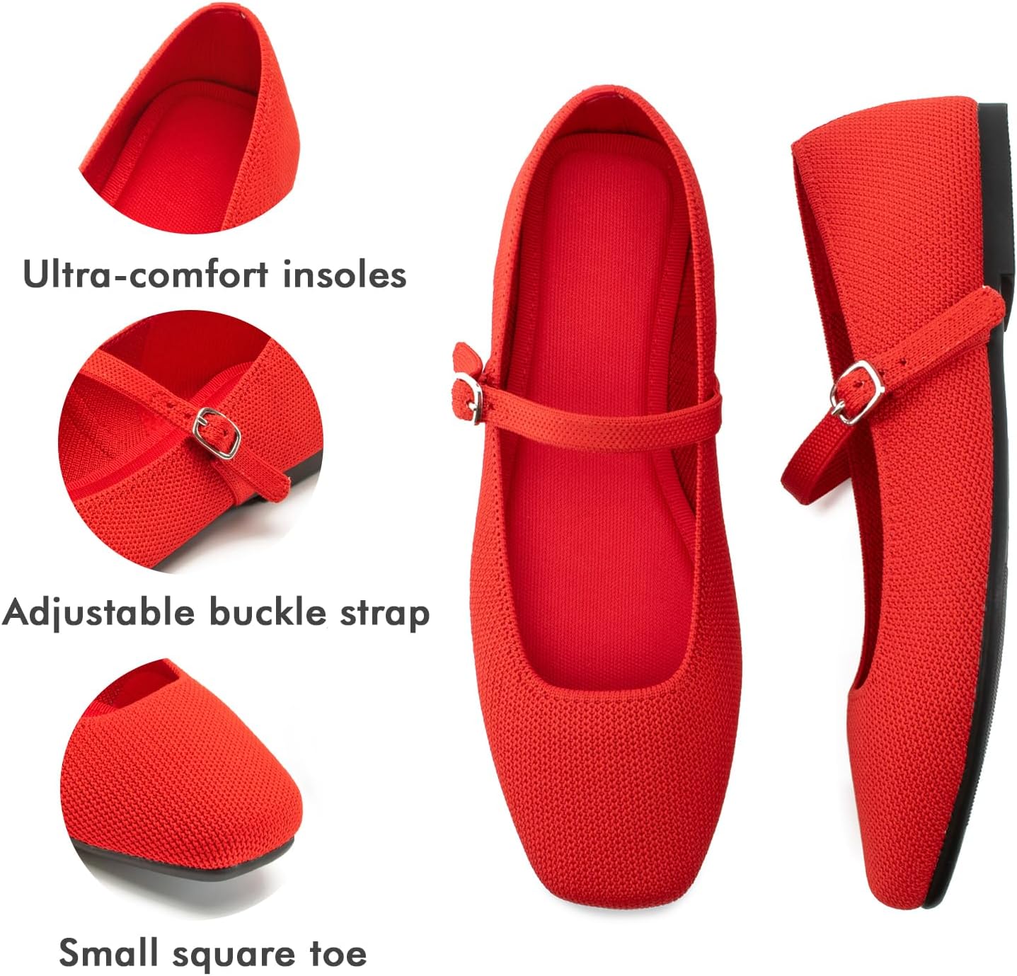Knit Flats for Women Square Toe Flats Casual Ballet Flats with Ankle Strap,Mary Jane Shoes Women Comfortable for Dressy Office - Image 6