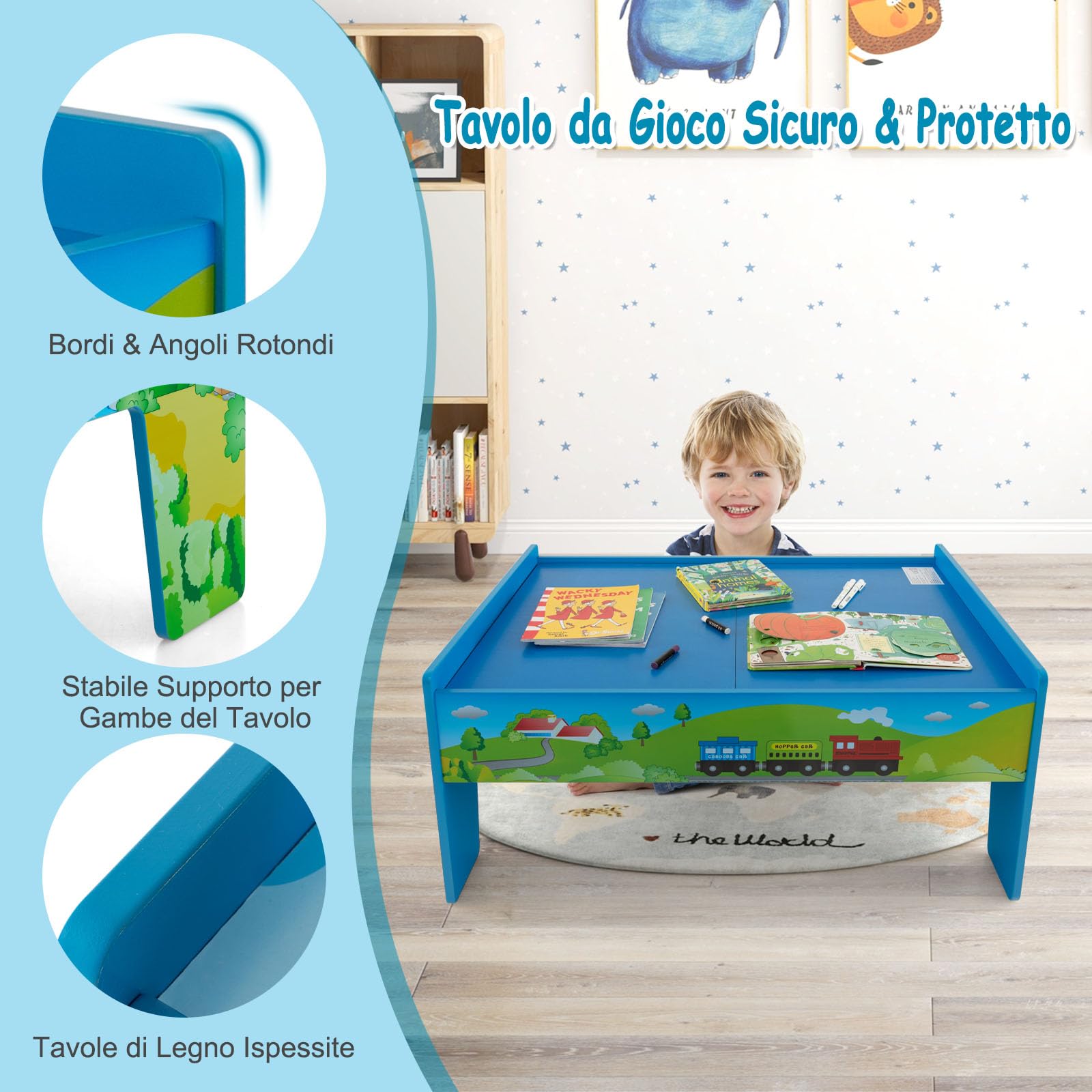 GYMAX Tavolo e Set Ferrovia in Legno, Set Gioco Colorato da 80/84 Pezzi con Piano Reversibile, Cassetto, Binari, Treni, Figure, Macchinine, Tavolo Giocattolo Educativo per Bambini 3 Anni+ (Stile 2)