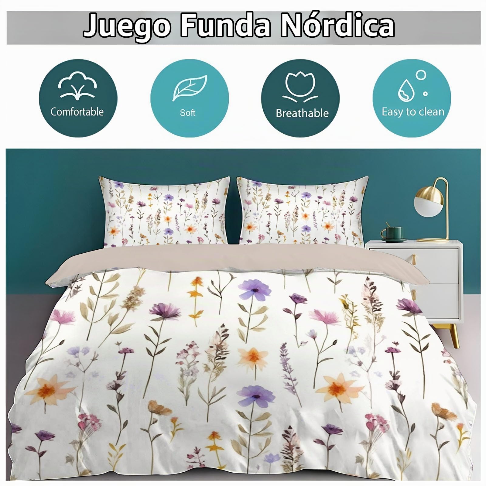 Funda Nórdica Cama 180/200 Infantil Adulto, 3 Piezas Campo Flores 3D Juego De Ropa De Microfibra 260x240CM Campo Flores Funda De Edredón Y 2 Fundas De Almohada Blanco
