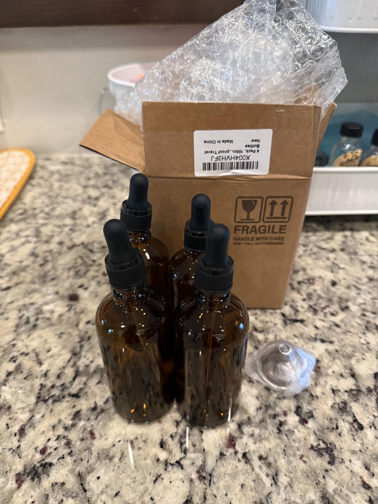 AOZITA 4 Pack, 100ml Dropper Bottles with 1 Funnel & 4 Labels - Essential Oils Bottles for Health, Personal Care & Beauty - 3.4oz Thick Dark Amber Glass Tincture Bottle with Eye Droppers, Leakproof