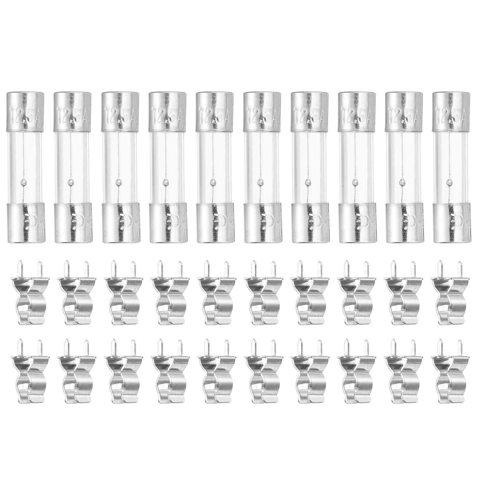 sourcing map Glass Tube Fuses, 5x20mm 2.5A 250V Slow Fast Blow Glass Cartridge Tube Fuse with 20pcs Safety Clip for Replacing or Repairing Many Home Electronics(Pack of 10)