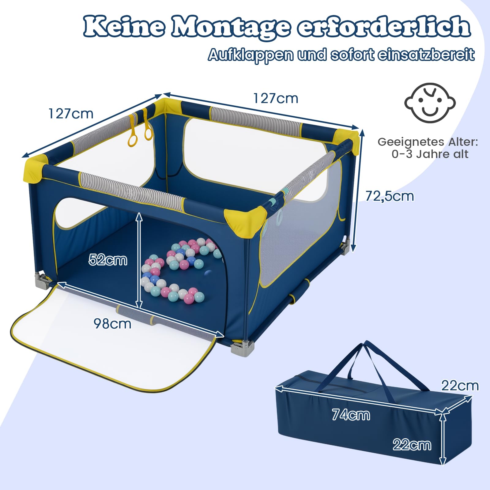 COSTWAY Kojec dla niemowląt, 127 x 127 cm, składany, kojec dla niemowląt z 50 piłkami, 4 uchwyty i bramka z zamkiem błyskawicznym, kratka do raczkowania z oddychającą siatką i torbą do przenoszenia