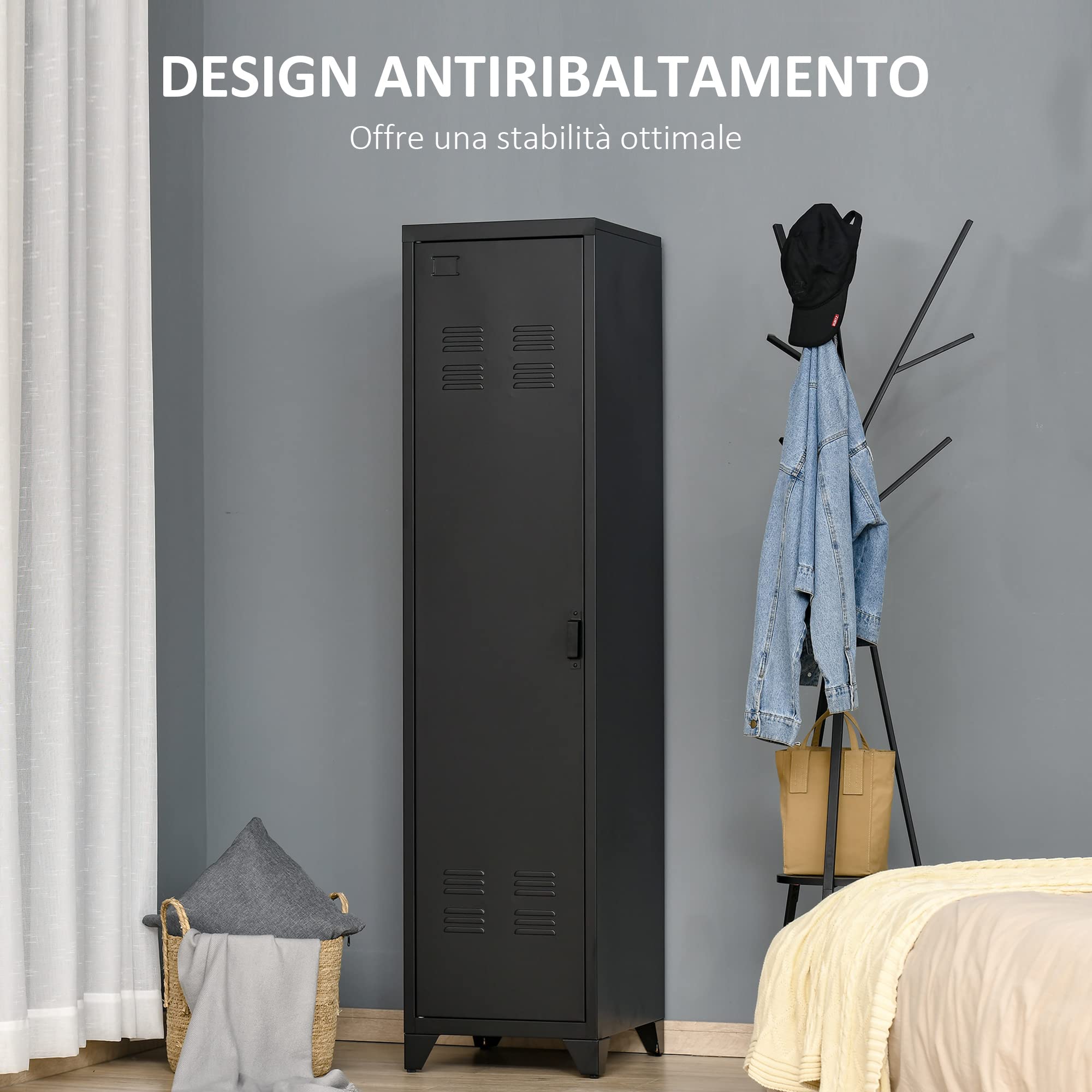 HOMCOM Armadietto Metallico Stile Industriale a un'Anta, Mobiletto Multiuso per Ingresso e Camera, 43x50x180cm, Nero