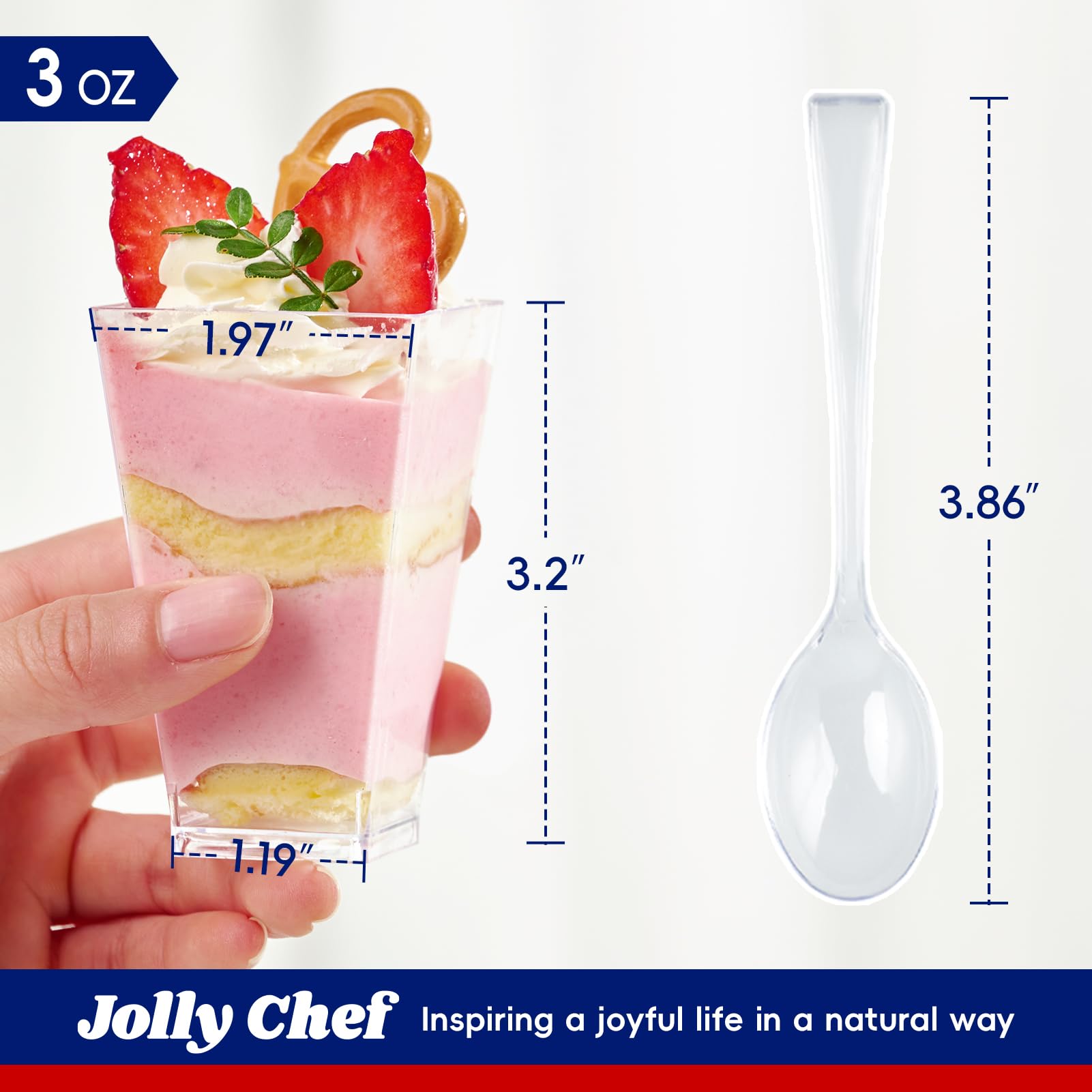 JOLLY CHEF 100 mini tazas cuadradas de postre de 3 onzas con cucharas, de plástico transparente, para aperitivos, tazas pequeñas de postre de plástico, cuenco para servir para degustar postres y