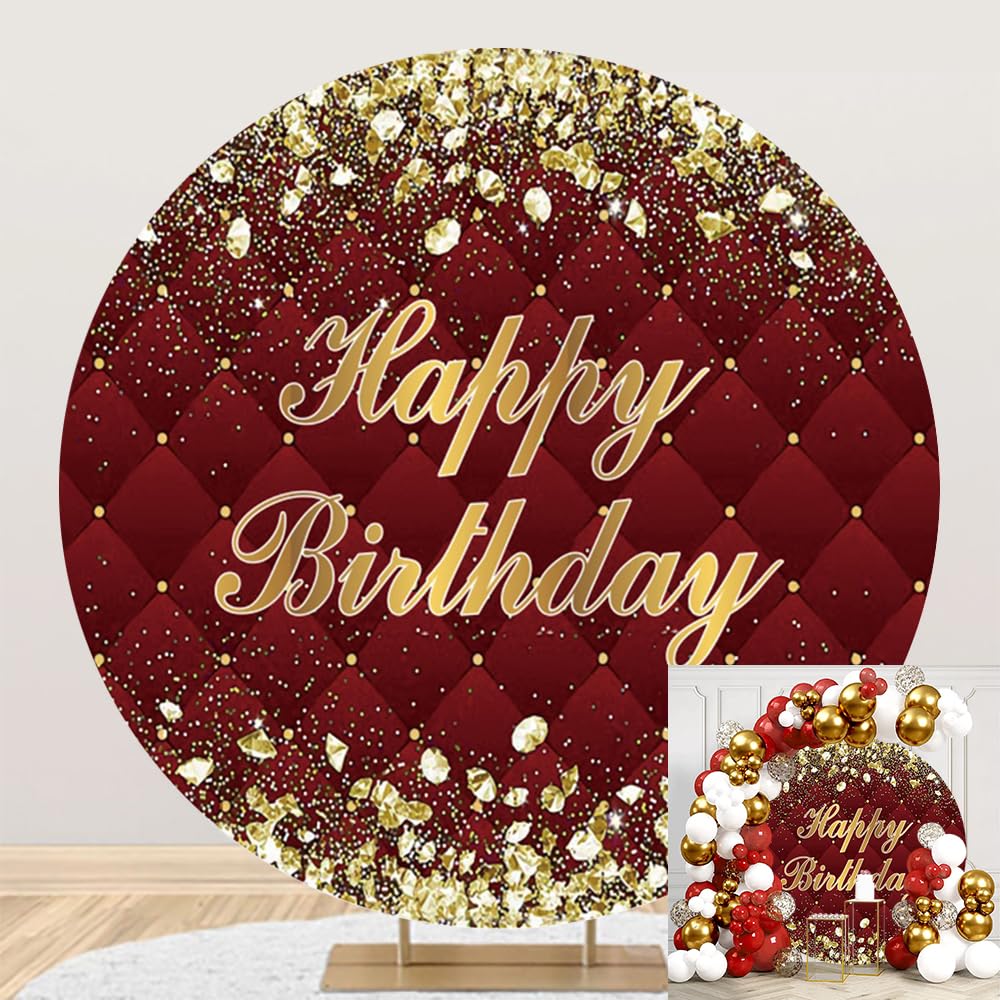 Dorcev Burgundy Glittering Happy Birthday Round Backdrop - 7.2x7.2ft Circle Cover with Gold Diamonds & Sequins