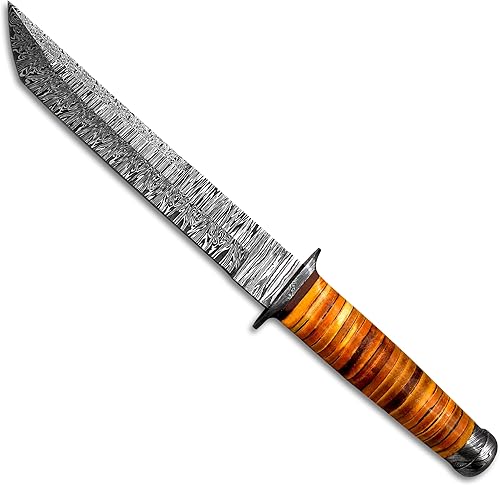 Miniatura 4 de Hércules - Cuchillo de caza de acero de Damasco forjado a mano, mango de cuero de pistola, funda de cuero de Damasco hecho a mano, cuchillo de acero