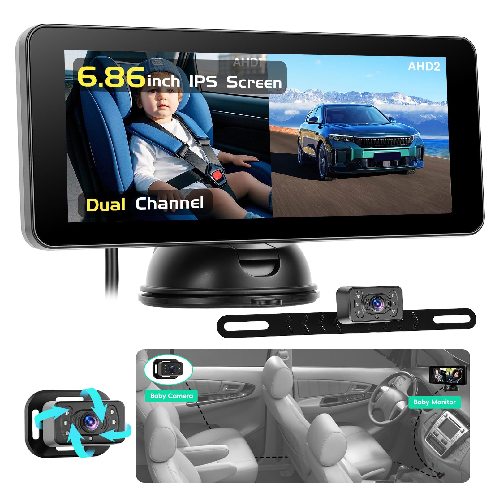 Monitor Bebé Coche con Cámara Pantalla IPS 6,9" Ventosa | Vigilancia Trasera Infantil. Visión Nocturna. Soporte Matrícula. DC 12V
