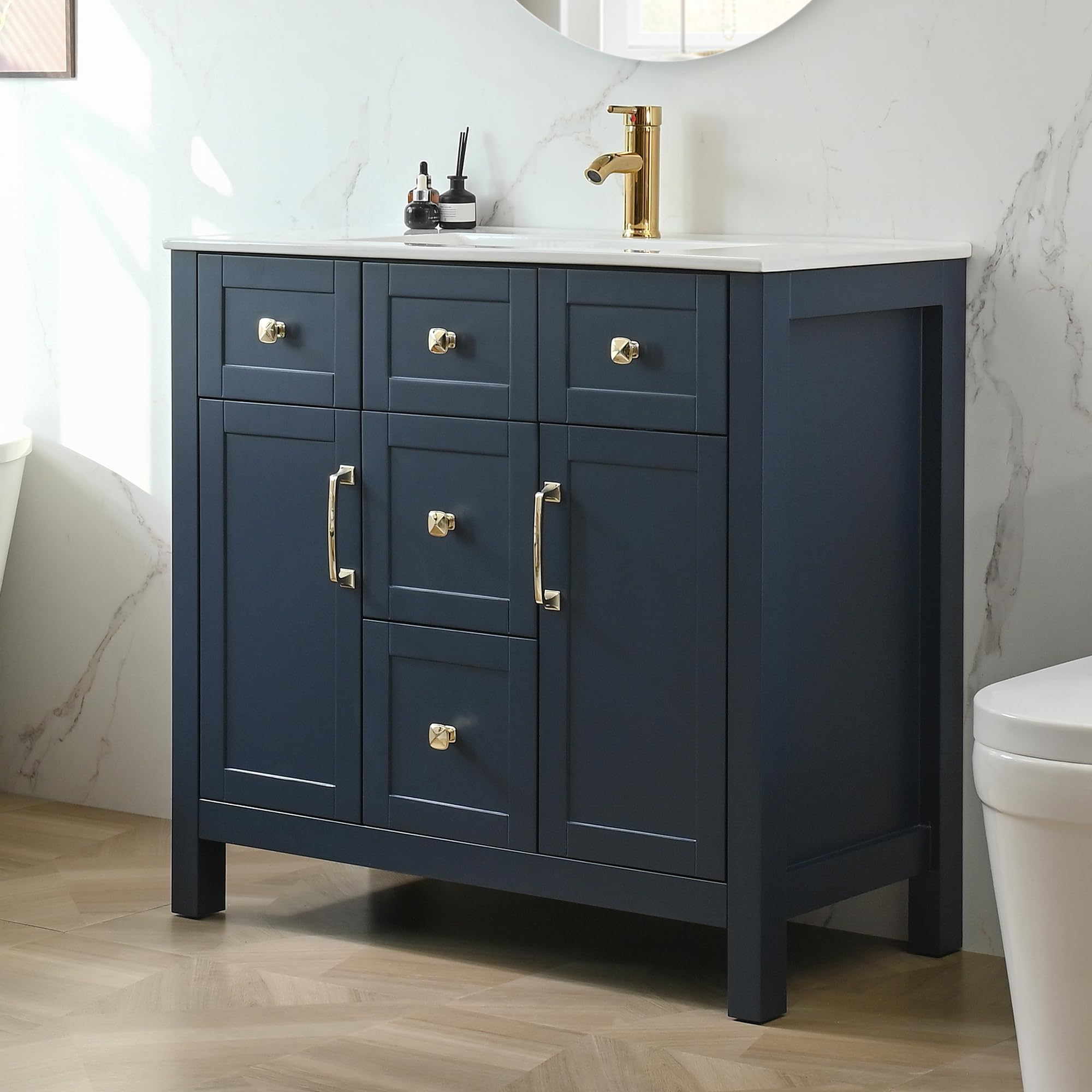 albad 36-inch modern bathroom vanity with sink, large freestanding storage cabinet, double door and 4 drawers, waterproof surface, adjustable shelf, elegant ceramic sink (only sink top)