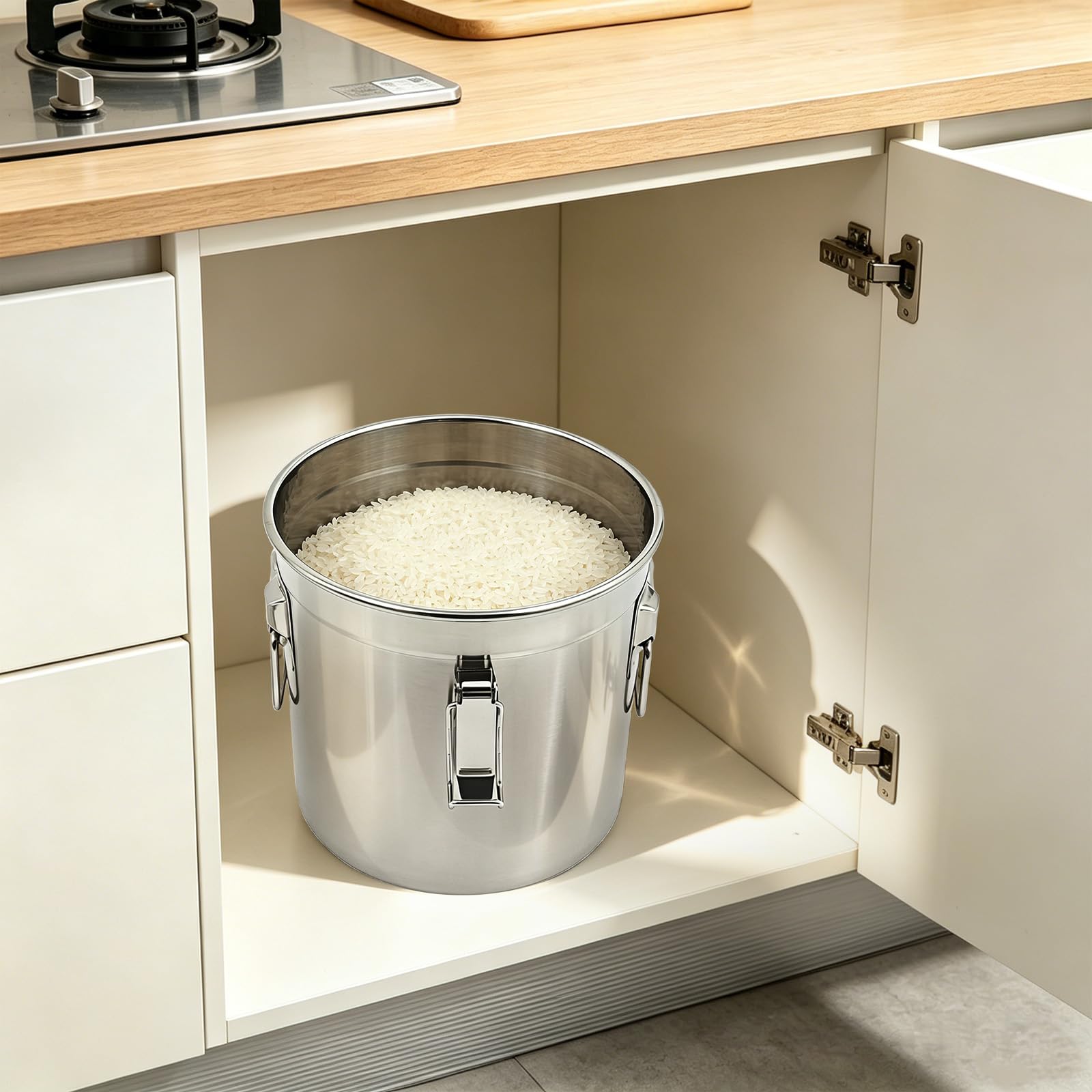 12L 304 Edelstahl Vorratsbehälter, luftdichter Getreidebehälter mit 3 Verschlussklammern & Silikon-Dichtungsring, Lebensmittel Vorratsdose für Reis Mehl Müsli, auslaufsicherer Kücheneimer