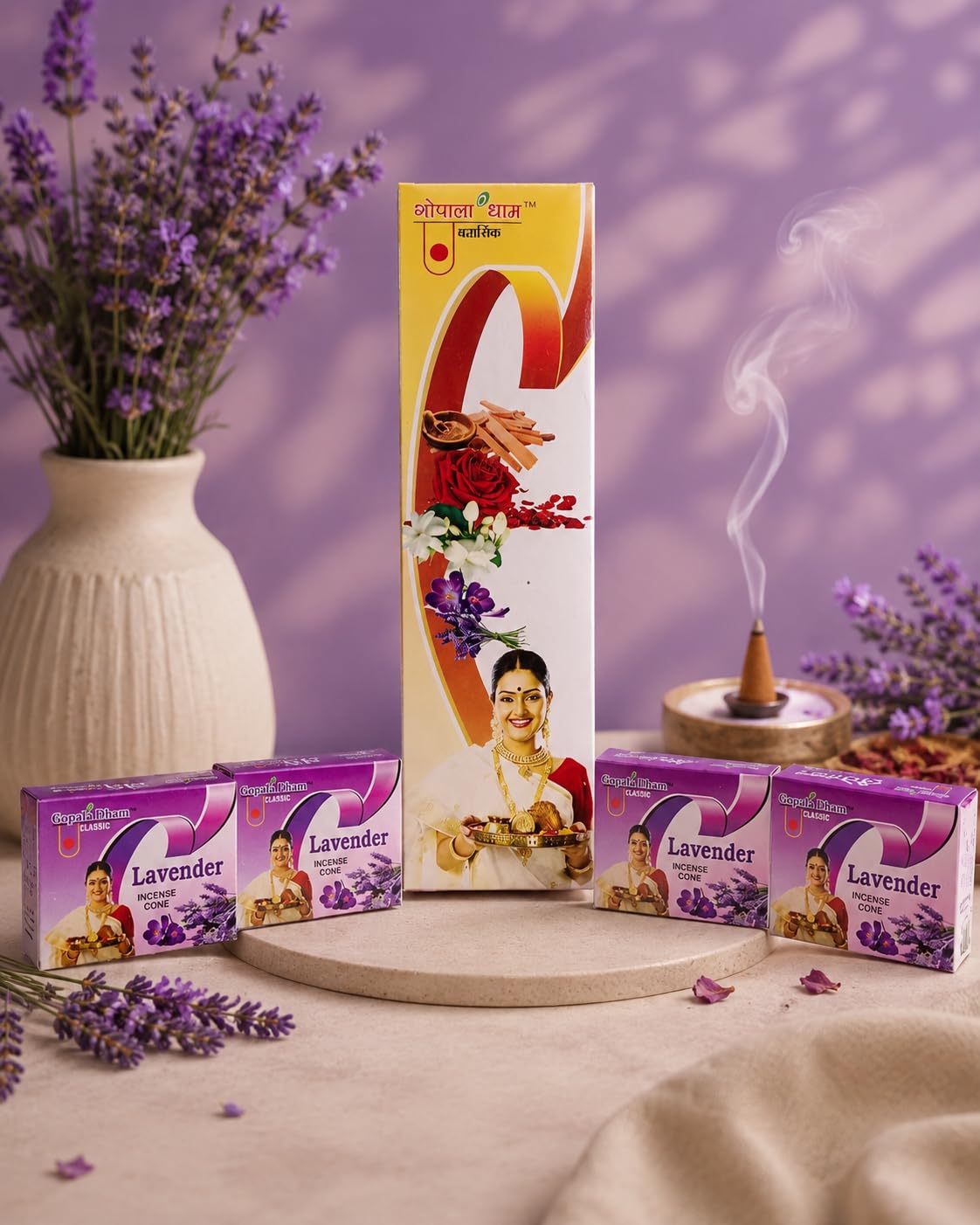 Gopala Dham Classic Lavender Incense Cone, Floral Fragrance, Pack of 12-image-47