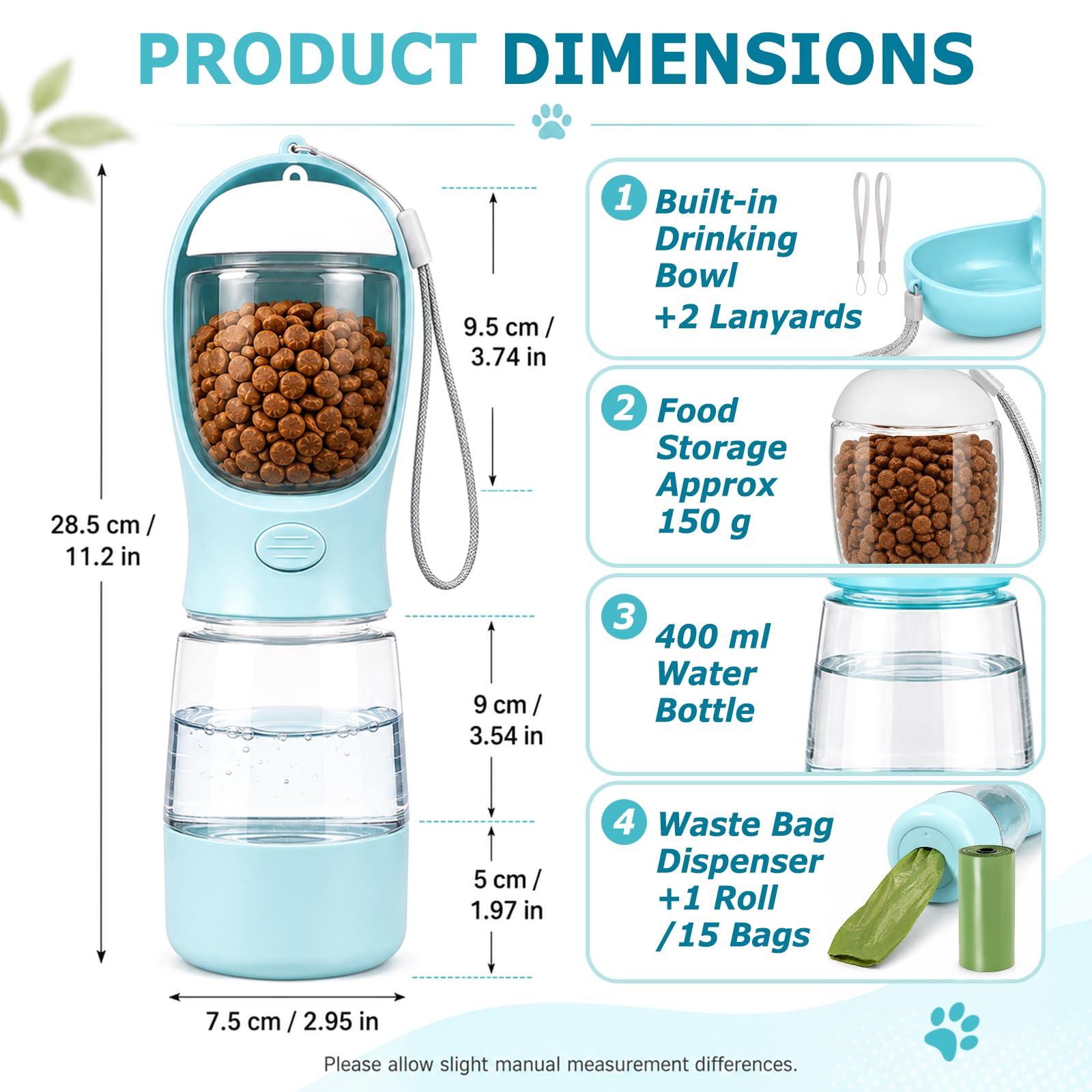 4-in-1 Hundetrinkflasche für Unterwegs – Auslaufsicheres Design mit Integriertem Napf, Futterfach & Kotbeutelhalter für Spaziergänge – Geeignet für Kleine bis Mittelgroße Hunde & Katzen