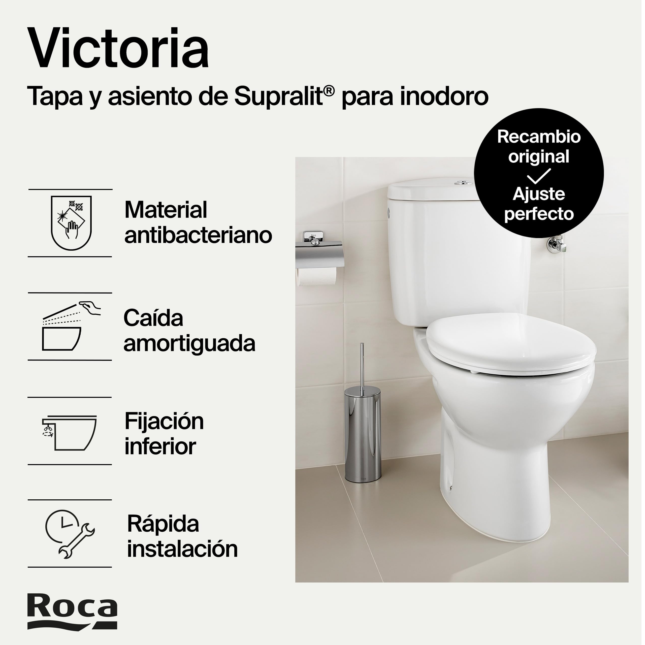 Roca Victoria - Tapa y asiento de Supralit para inodoro con caída amortiguada, tapadera de WC original con ajuste perfecto, recambio de tapa de váter resistente, blanco, A801B6200B
