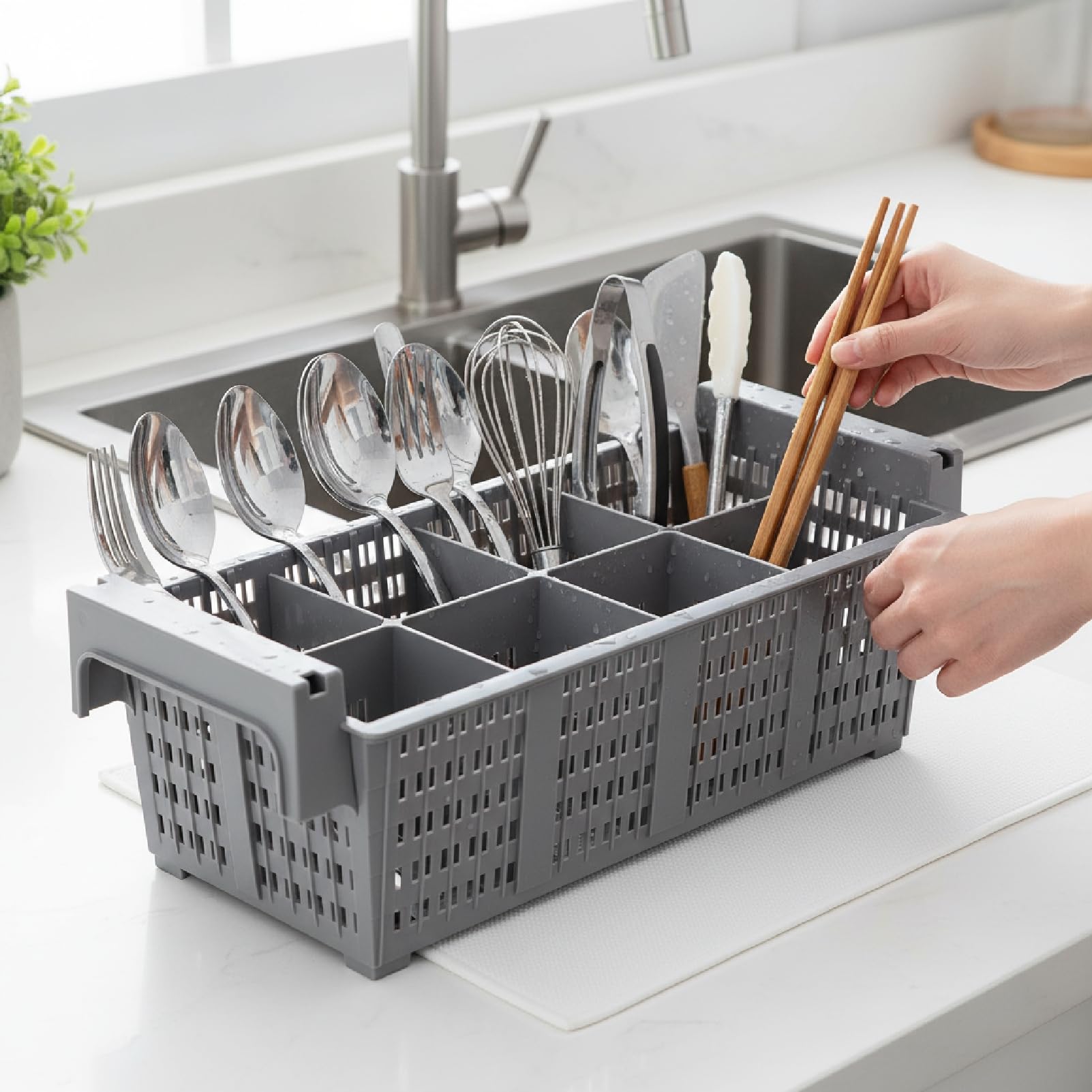 1 estante comercial para lavavajillas, cesta de secado de cubiertos con 8 compartimentos y agujeros de drenaje, soporte para utensilios para uso en cocina y restaurante (16.5 x 8.2 x 5.7 pulgadas