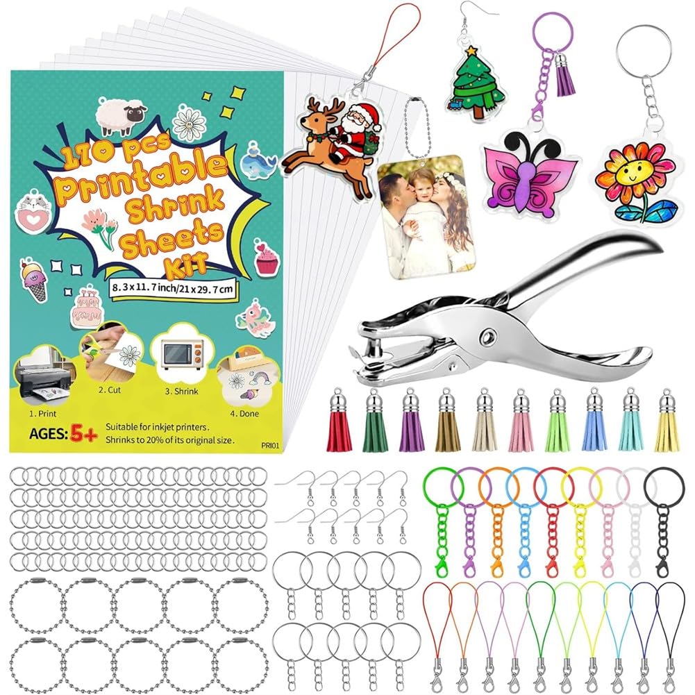 Hndhbfgrt Kids DIY Keychain Making A4 Shrink Dink Sheets Kit 170 Pcs, Printable Semi-Transparent Plastic Printer Paper