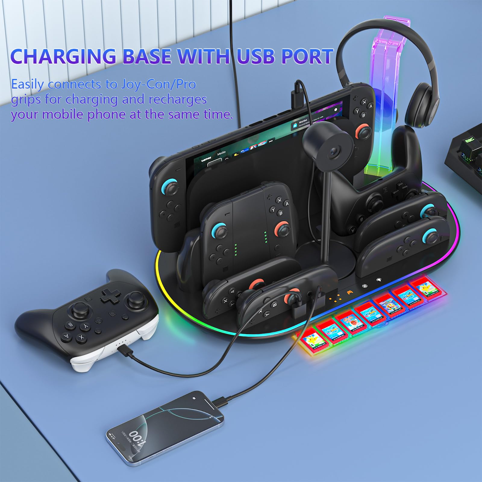 Estación de carga para Switch 2 con ventilador de refrigeración DOBEWINGDELOU Controlador Cargador para JoyCons y Pro Dock Stand con luz RGB, 2 puertos USB, 7 ranuras para tarjetas de juego