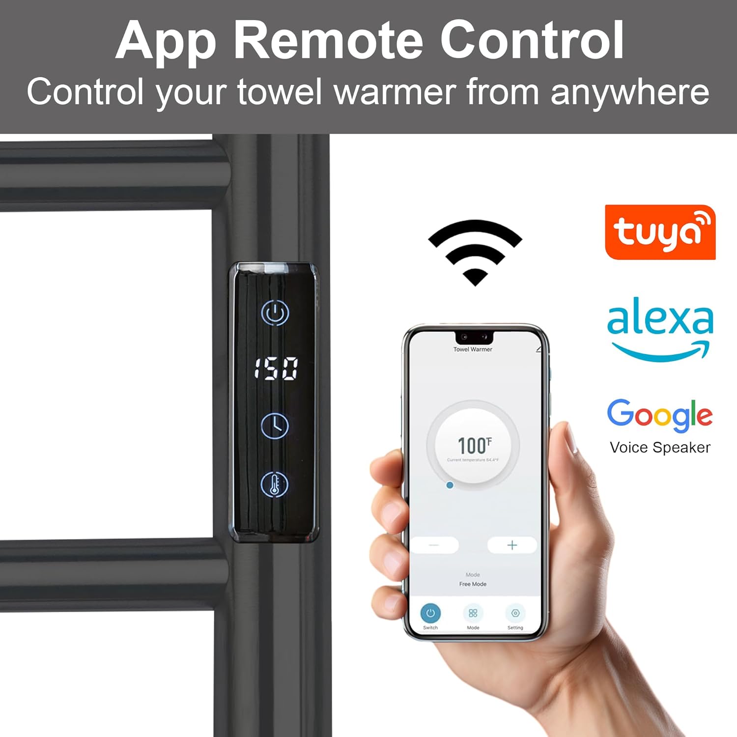 Electric Towel Rack with Voice Control for Alexa & Google Home,TUYA - Wall-Mounted Bathroom Heating Towel Warmer,Plug-in,Stainless Steel Material,16.54x23.62x5.51 in,Black,4 Bars