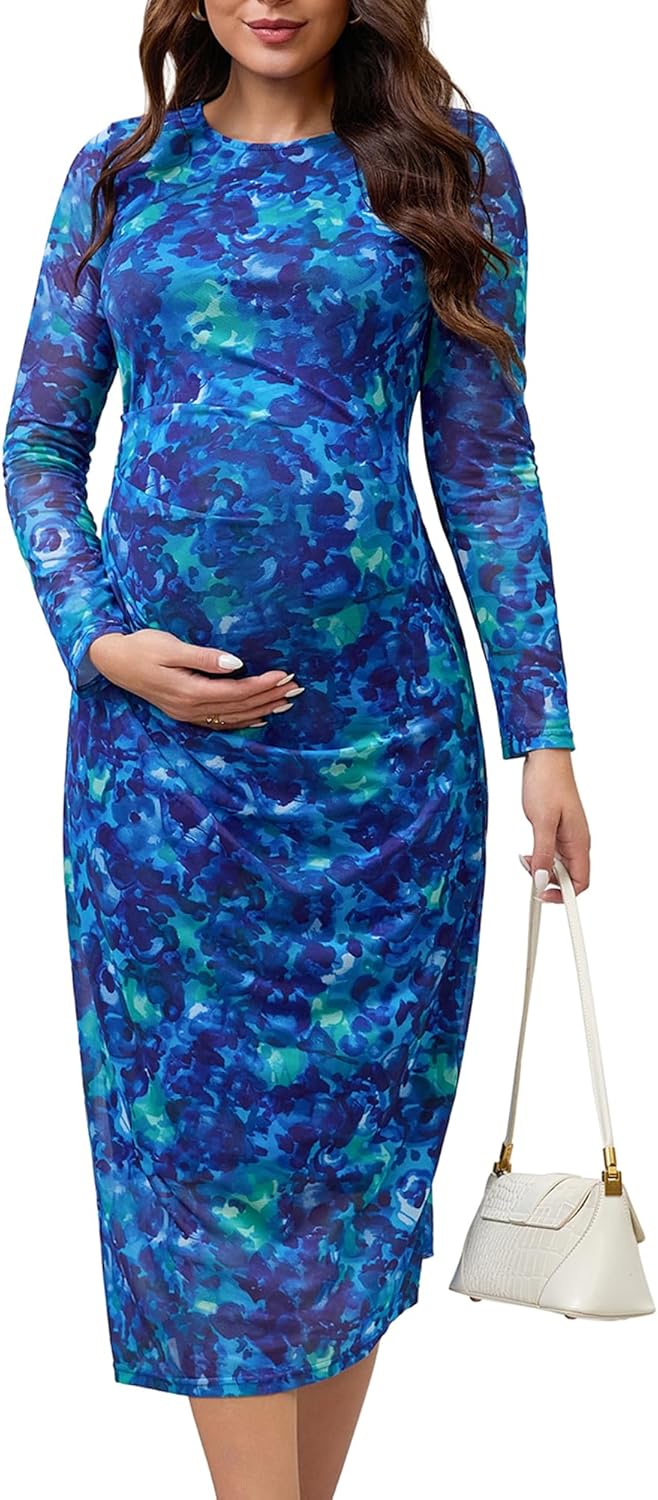 Women Maternity Dress Floral Mesh Ruched Bodycon Wedding Guest Fall Long Sleeve Pregnancy Dresses
