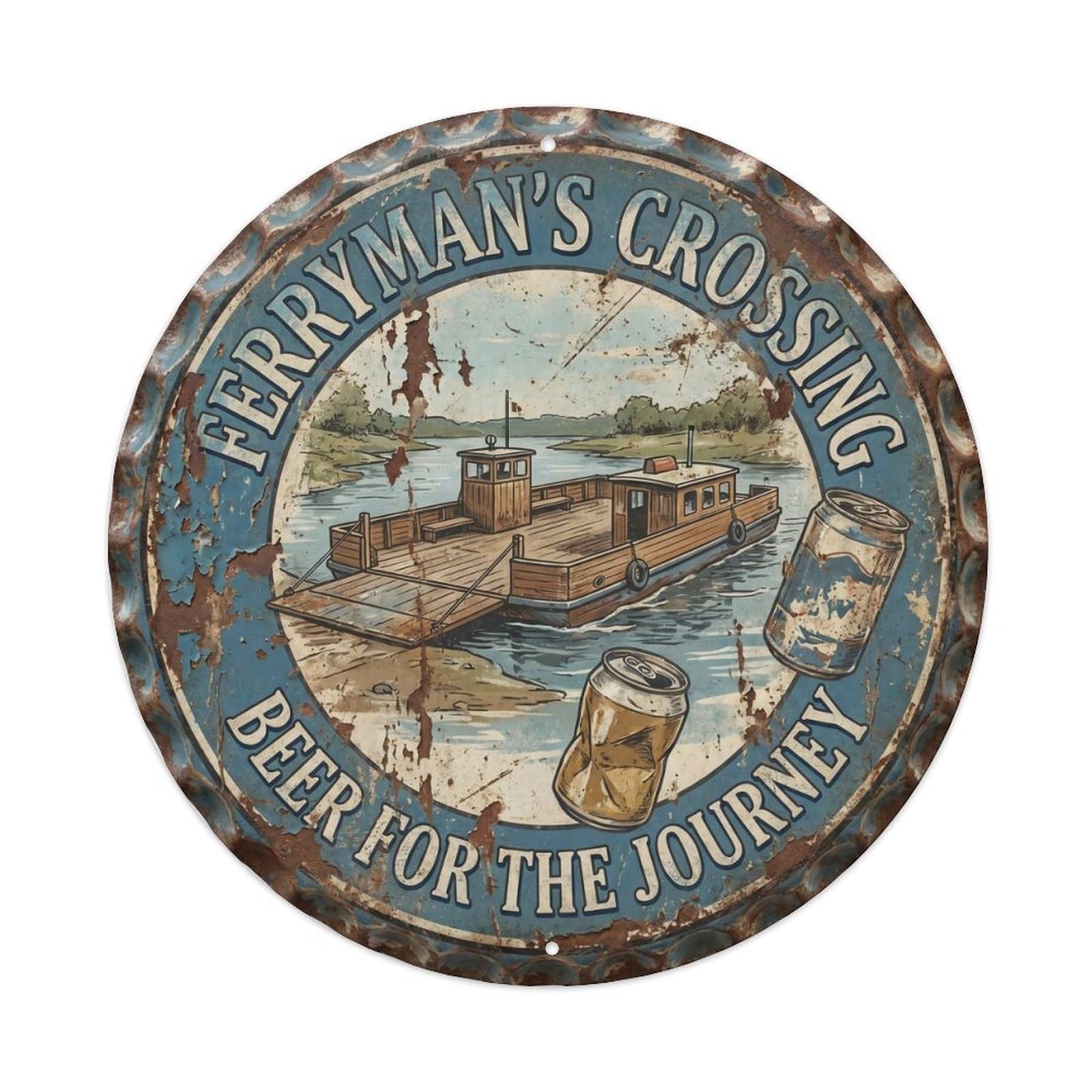 Retro Bar Style Ferryman River Garage Beer Metal Tin Sign Plaque Wall Decor for Cafe, Club, Garden Round Metal Poster 8x8Inch