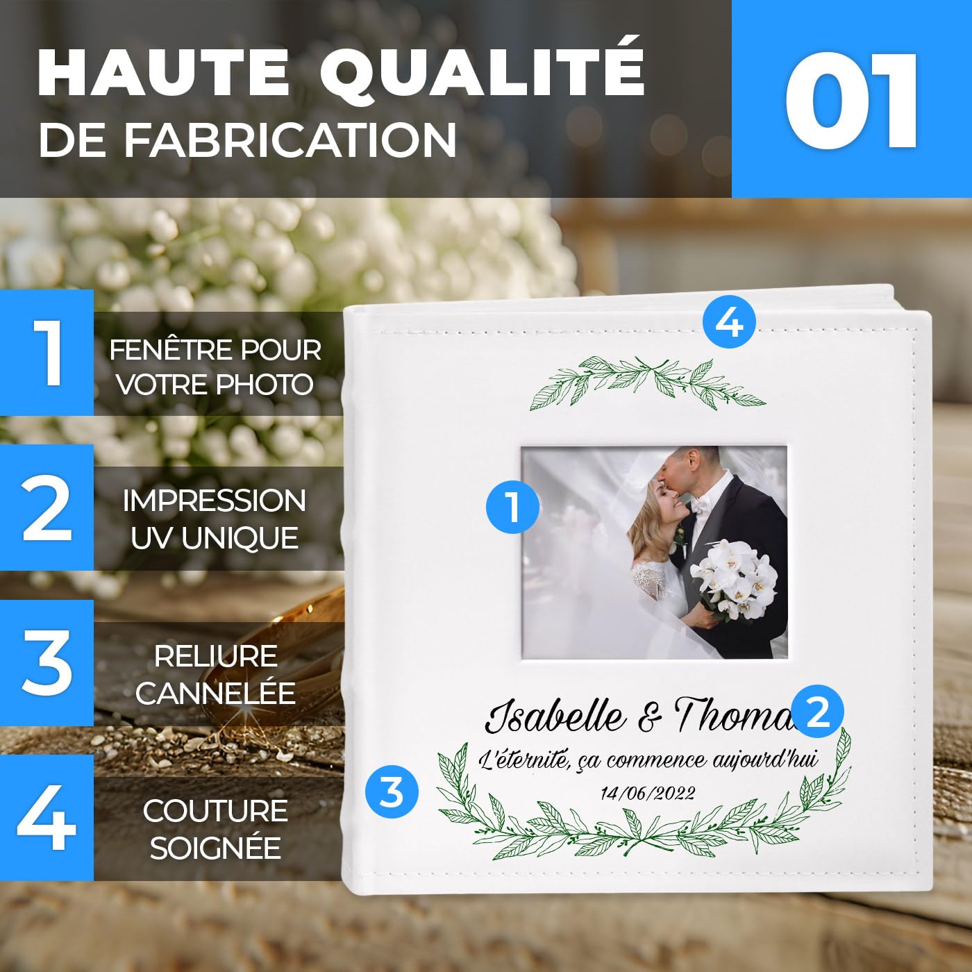 Maverton Album photos à pochettes - Album Photo personnalisé avec une poche ouvrable sur la couverture - Cadeau mariage - Cadeau personnalisé - Livre photo pour mariage - Cadeau Noel - éternité