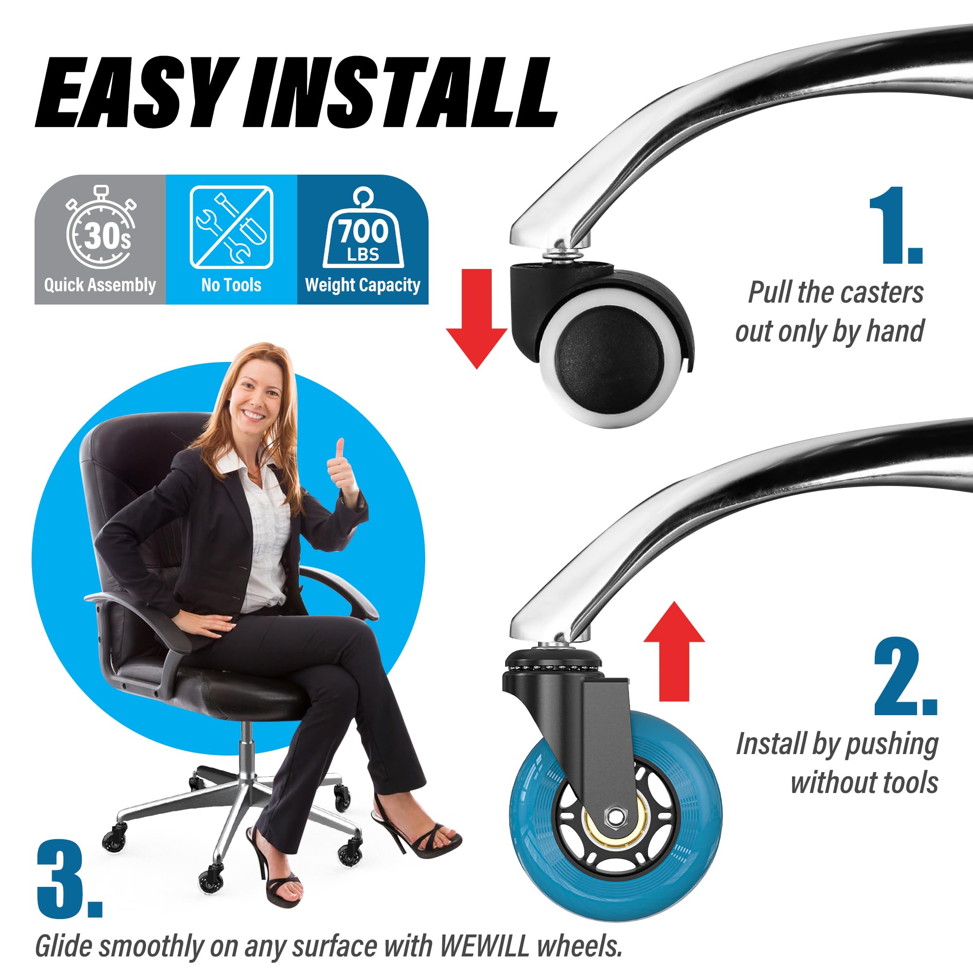 WEWILL Ruedas para silla de oficina – Ruedas de goma de repuesto de ajuste universal 98% silla (juego de 5) resistentes de 3 pulgadas, suaves y silenciosas, seguras para todos los suelos, madera dura