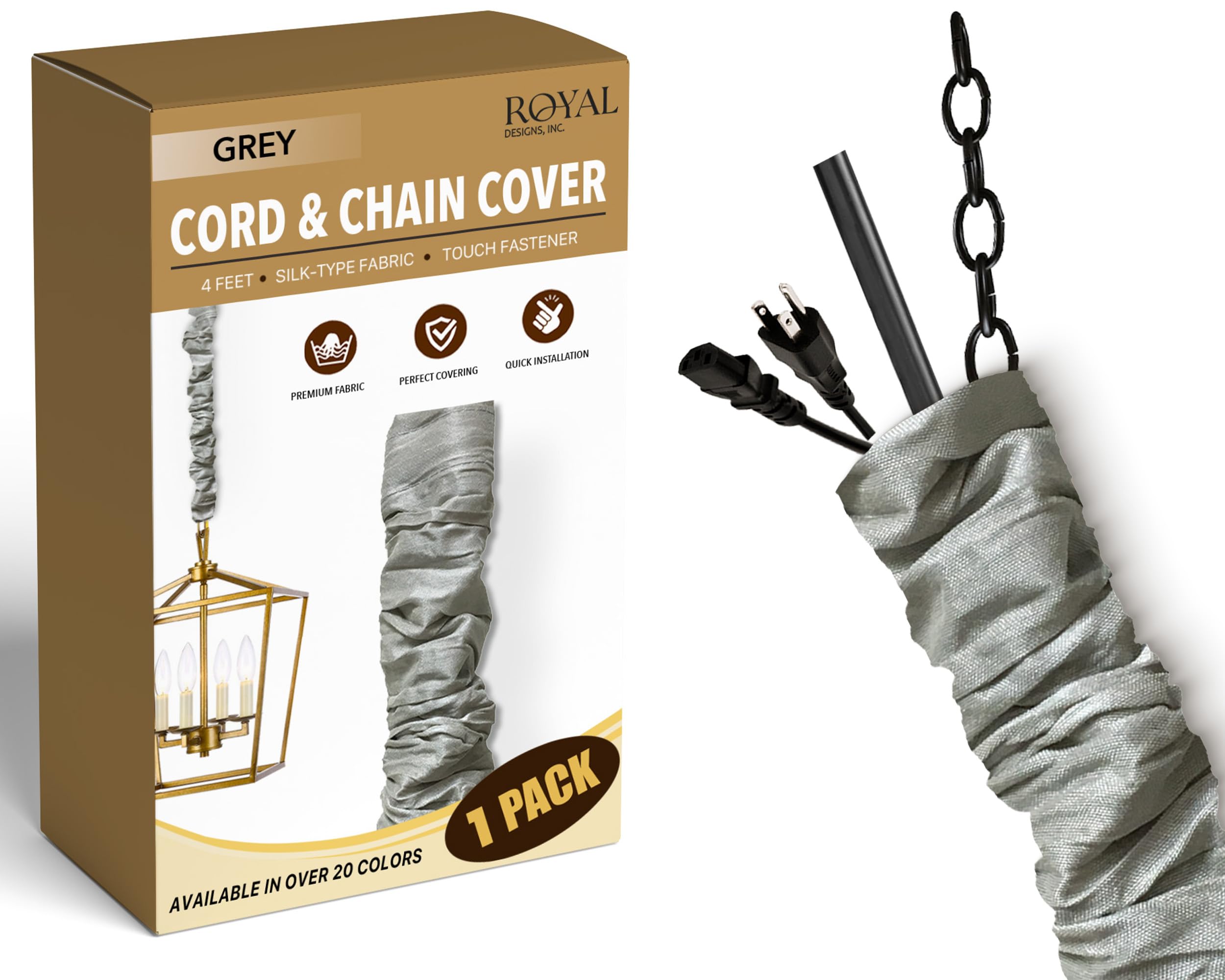 Royal Designs RDI Cord & Chain Cover 4 feet Silk Type Fabric, Chandelier Pendant Lighting Chain & Cable Management, Touch Fastener, Gray - 1 Pack