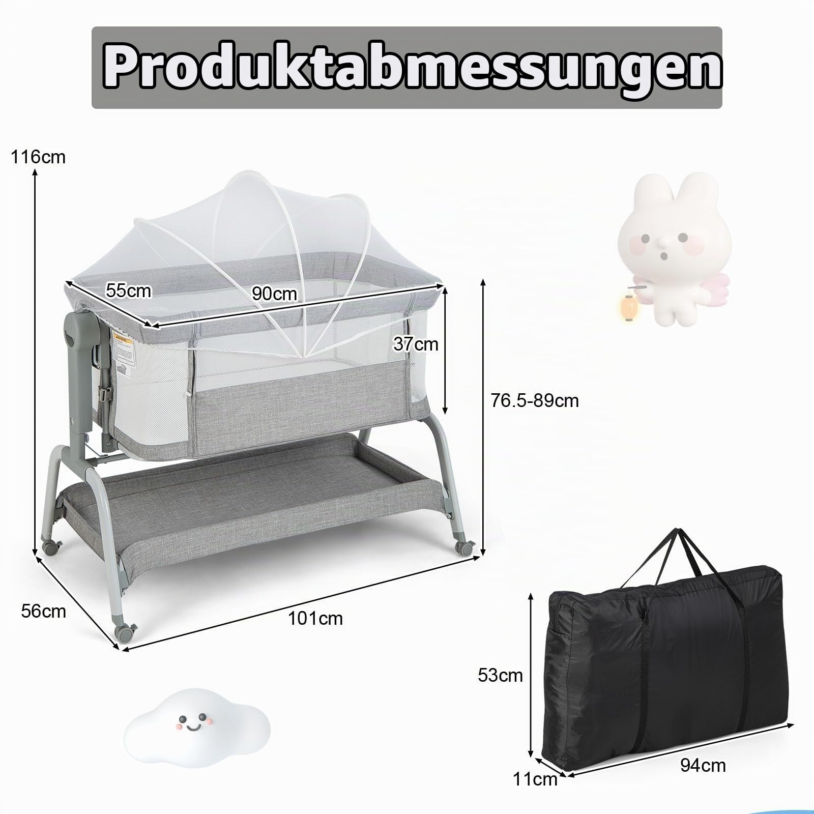 LIFEZEAL Babybett mit Moskitonetz, Baby Beistellbett mit Matratze & Rollen, Reisebett 6 Höhenverstellungen, Tragbares Babywiege für Baby 0-6 Monate, Stubenwagen mit Aufbewahrungskorb (Grau)
