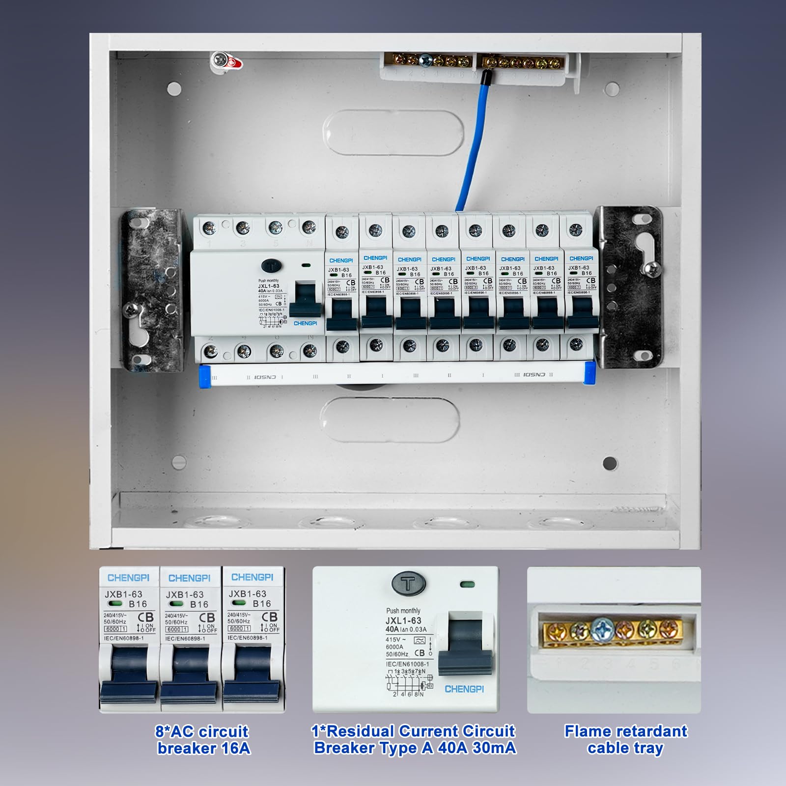 Coffret Electrique, Tableau Electrique 1 Rangée 12 Modules, Boitier Etanche Electrique Exterieur Avec Disjoncteur Différentiel 4P Type A 40A 30mA FI RCCB et 8 Fusibles AC B16