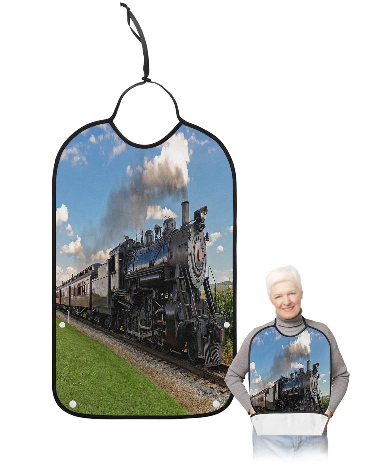 QueenKer Funny Adult Bibs for Eating, Train Go Through The Field Waterproof Clothing Protector Washable Adult Bib with Crumb Catcher for Men Women Elderl and Seniors