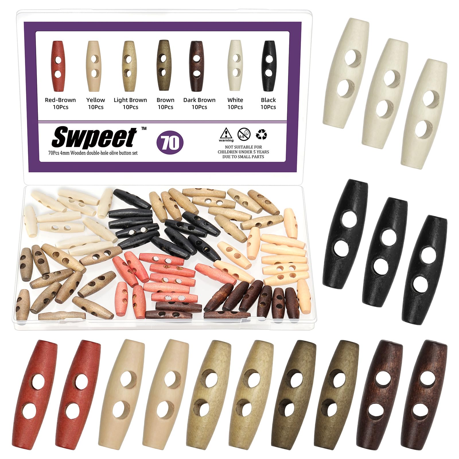Swpeet 70Pcs 7 Colors 5.5mm Hole Wood Horn Toggle Buttons Assortment Kit, Olive Shape 2 Holes Toggle Buttons, Craft Wooden Sewing Button, DIY Accessories Vintage Oval Buckle for Clothing Scrapbooking