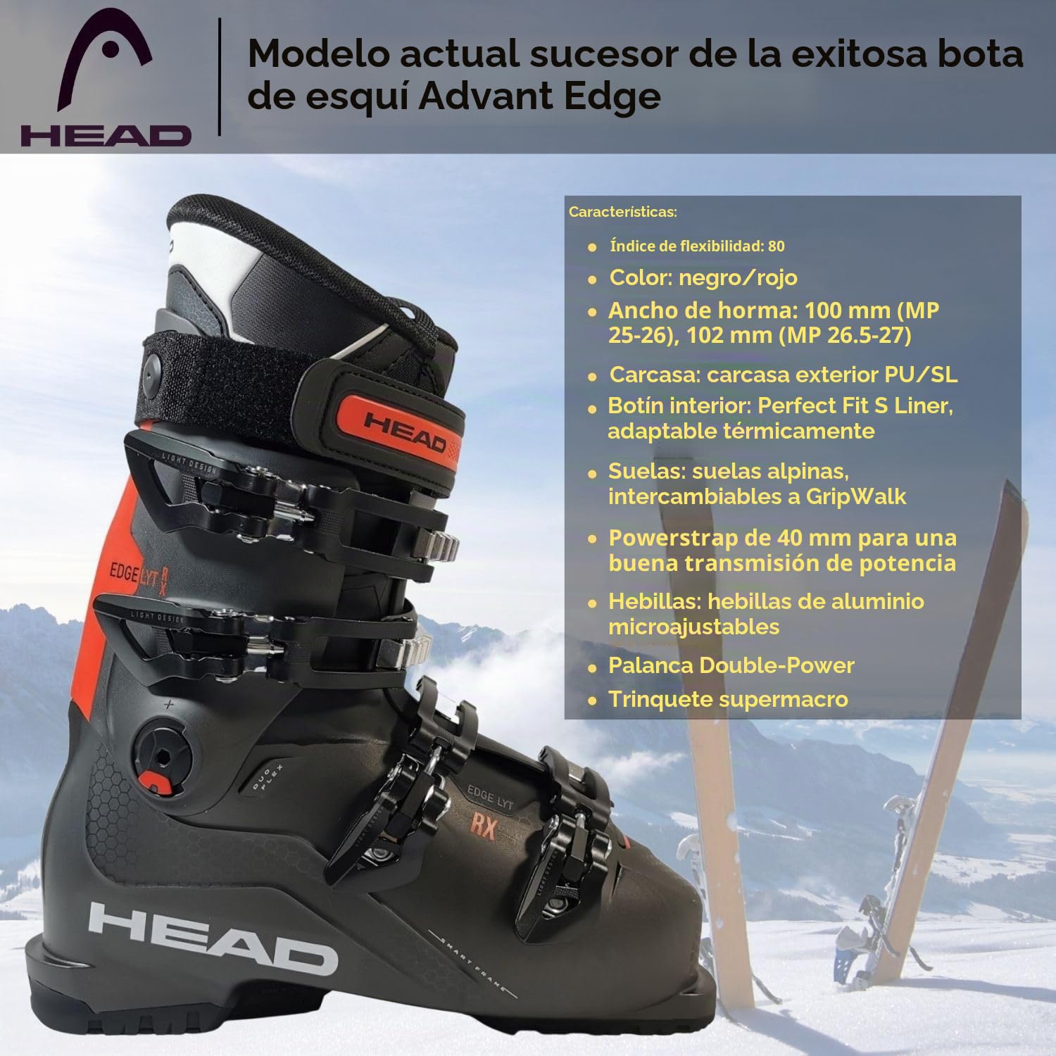 Botas de esquí para Hombre, Botas de esquí Alpino, Head Edge LYT RX HV, Flex 80, para Principiantes y usuarios avanzados