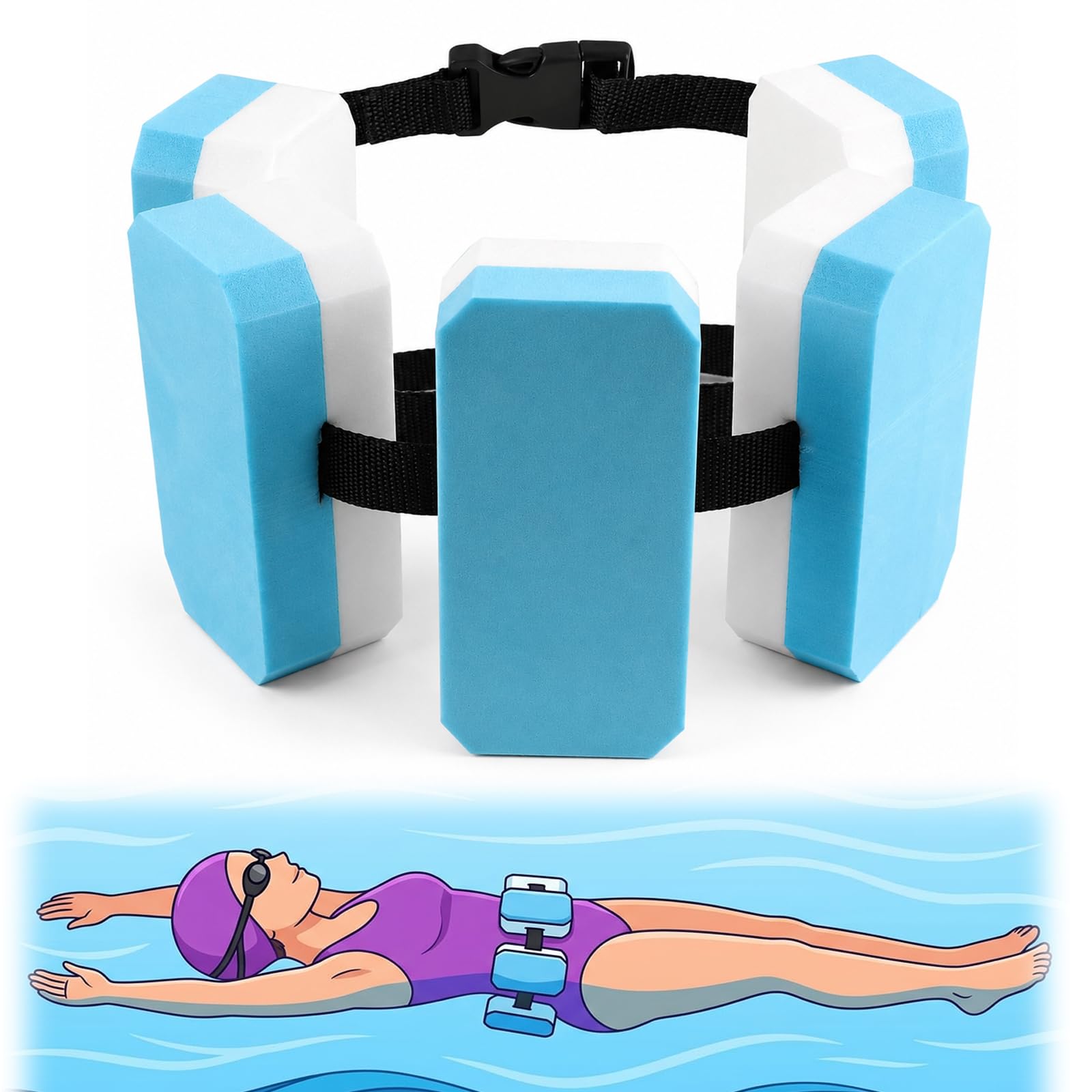 1 Stück Schwimmgürtel, Verstellbare Schwimmhilfe für Erwachsene, 5 Eva Schwimmkissen, Blaue und Weiße Schwimmgürtel, Ideal für Schwimmunterricht und Freizeitaktivitäten im Wasser