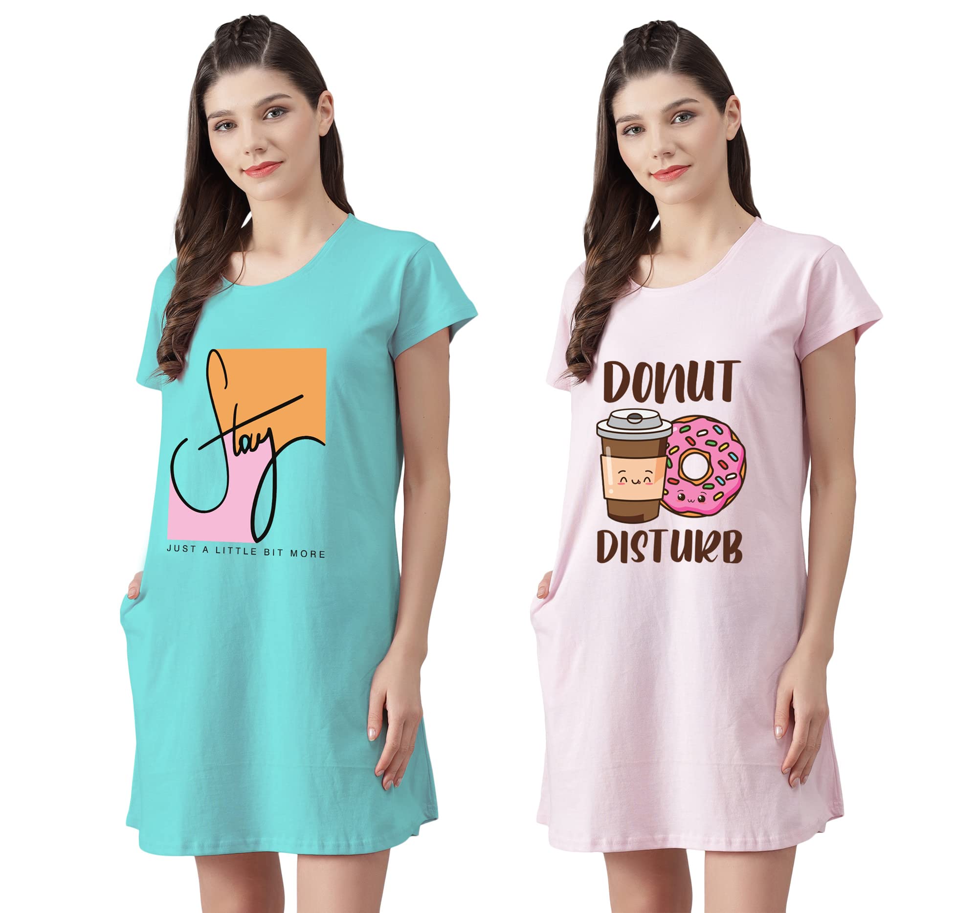 Women’s Cotton Nighty | Printed Knee Length Nighty |Short Sleeve Nighty |Short Nightdress| Long T-Shirt | Sleepwear & Casual Wear Nighty (Pack of 2)