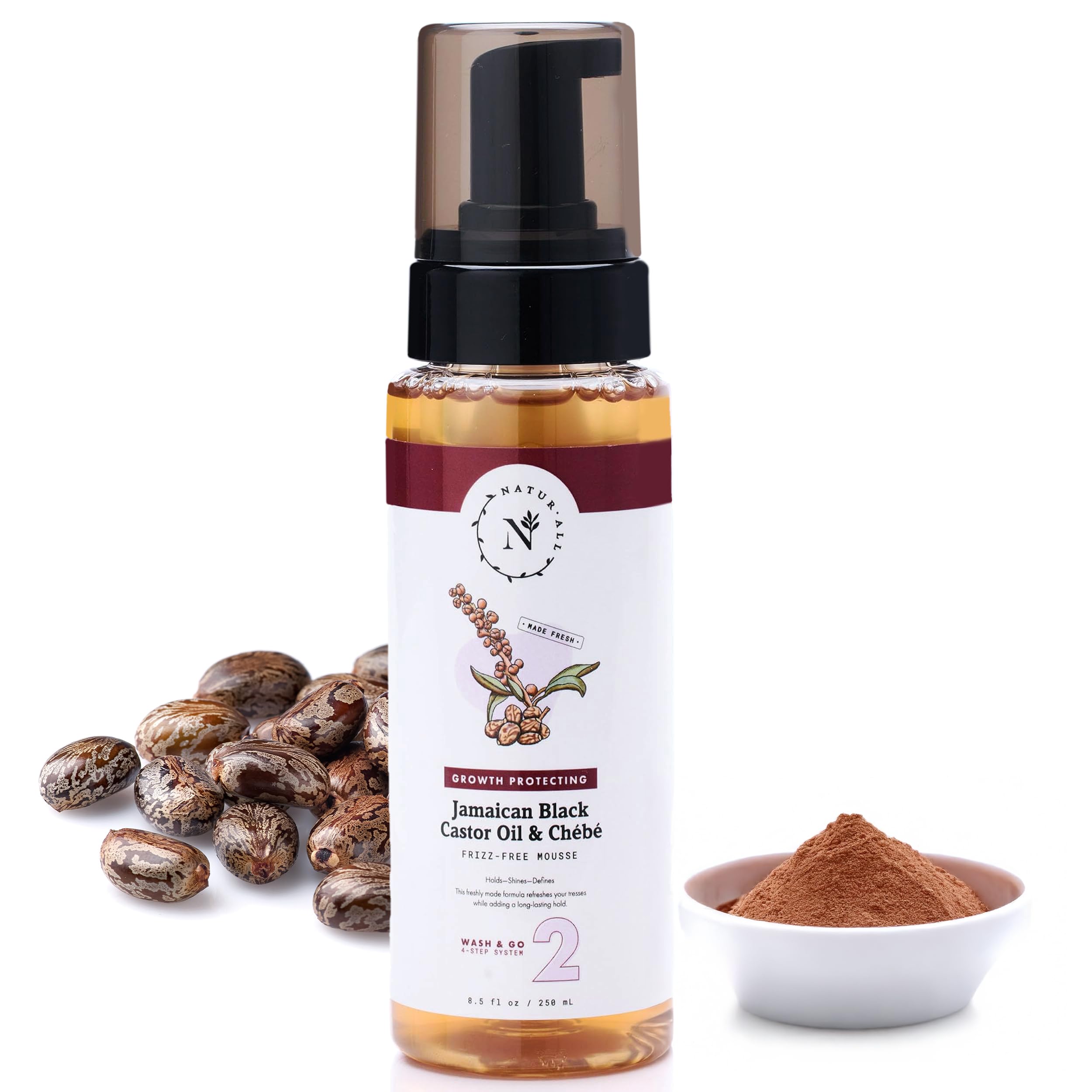 NaturAll Jamaican Black Castor Oil & Chebe Curly Hair Mousse - Sulfate-Free, Lightweight Anti-Frizz Styling Foam for Defined Curls, Long-Lasting Hold & Enhanced Shine (8.5 Oz)