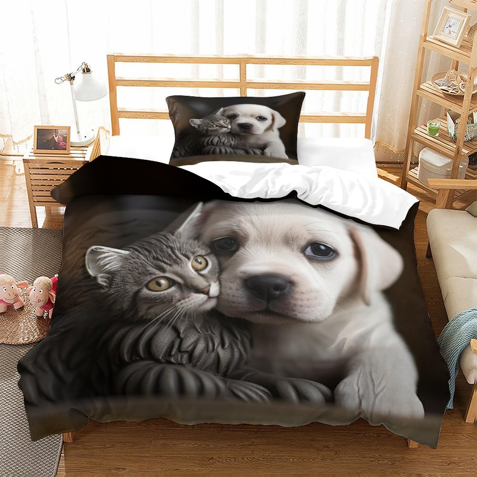 P1S9U7W5Y Charming Animal 3D Printed Pet Duvet Cover Set 3 Pieces Microfiber Bedroom Decor Dog Cat Bedding Set for Adults Teens Soft Breathable Gift Single（135x200cm）