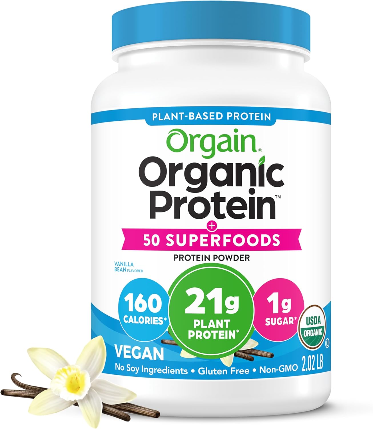 Orgain Organic Vegan Protein + 50 Superfoods Powder, Vanilla Bean – 21g Plant Based Protein, 8g Prebiotic Fiber, No Lactose Ingredients, Gluten Free, No Added Sugar, Non-GMO, 2.02 lb Orgain Organic Vegan Protein + 50 Superfoods Powder, Vanilla Bean – 21g Plant Based Protein, 8g Prebiotic Fiber, No Lactose Ingredients, Gluten Free, No Added Sugar, Non-GMO, 2.02 lb