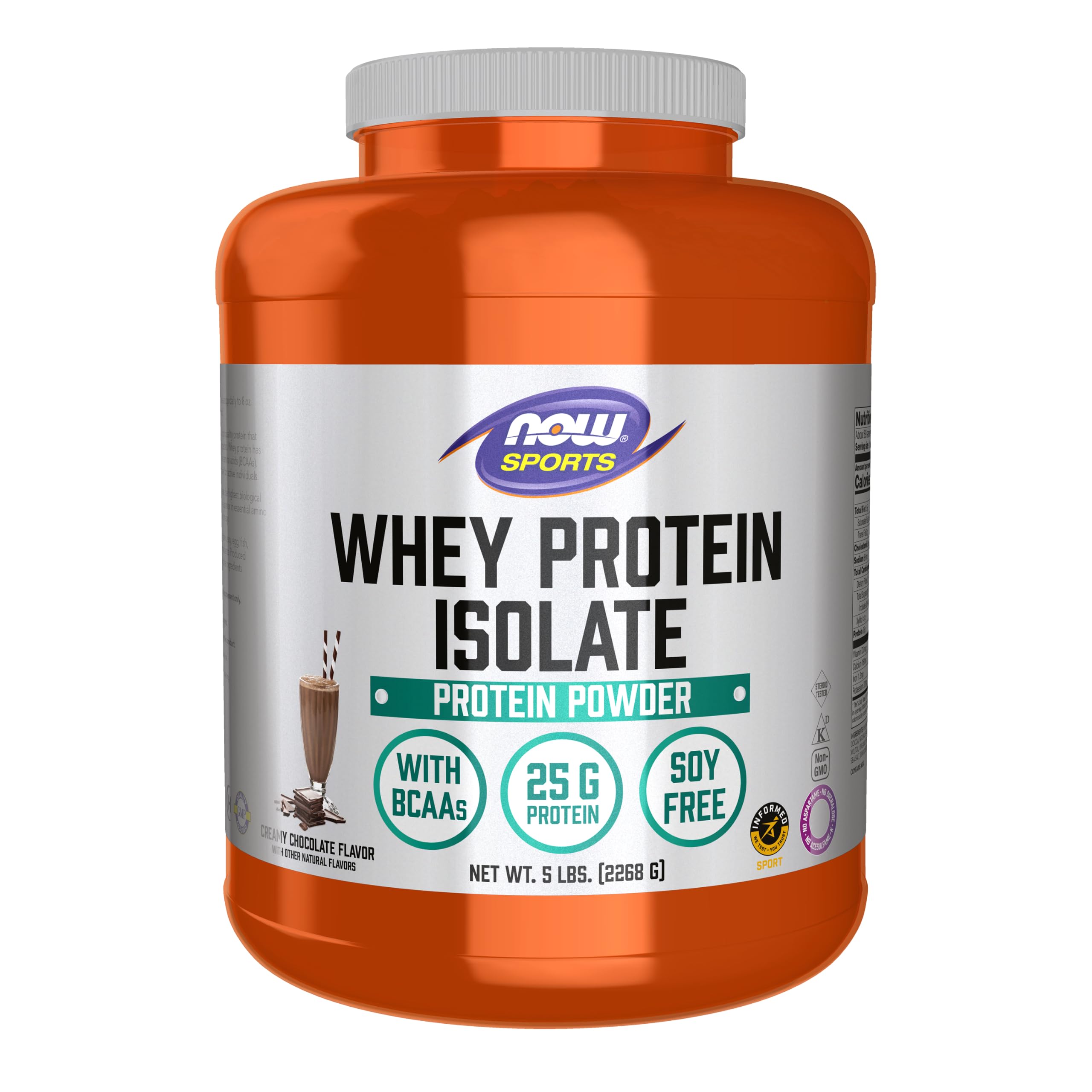NOW Sports, Whey Protein Isolate 25 g With BCAAs, Chocolate Flavor, 5 lbs