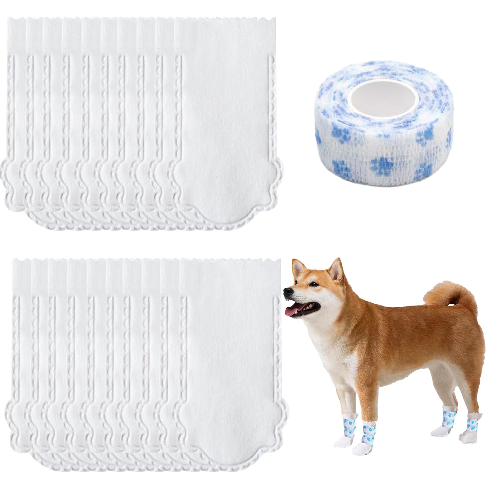 20 PCS Disposable Dog Boots Waterproof Dog Paw Protectors with Self-Adhesive Bandage, Anti-Licking Dog Socks, Dustproof Pet Shoes for Indoor Outdoor Walking Suit for 12~16 lb