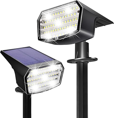 OKITOP Luces solares impermeables IP65, 65 LED superbrillantes, paquete de 2 focos solares de pared, 3 modos de iluminación, focos solares para