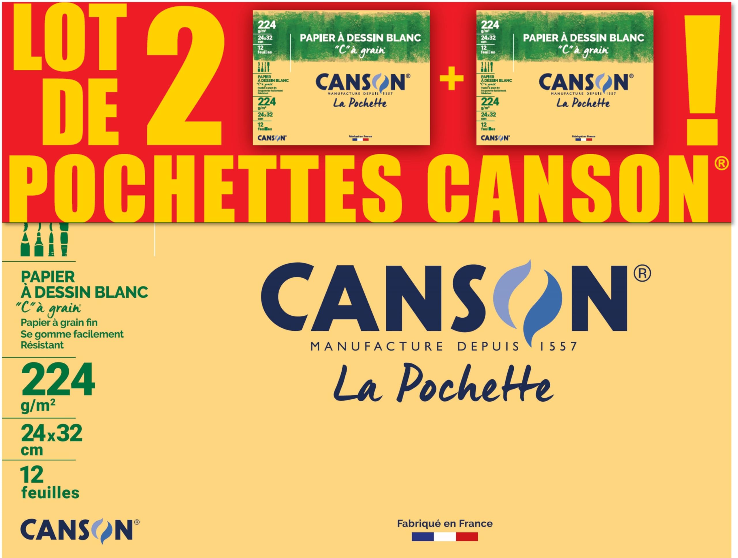 CANSON C à Grain Pack of 2 Pockets 12 Sheets of Drawing Paper 24 x 32 cm 224 g/m² White