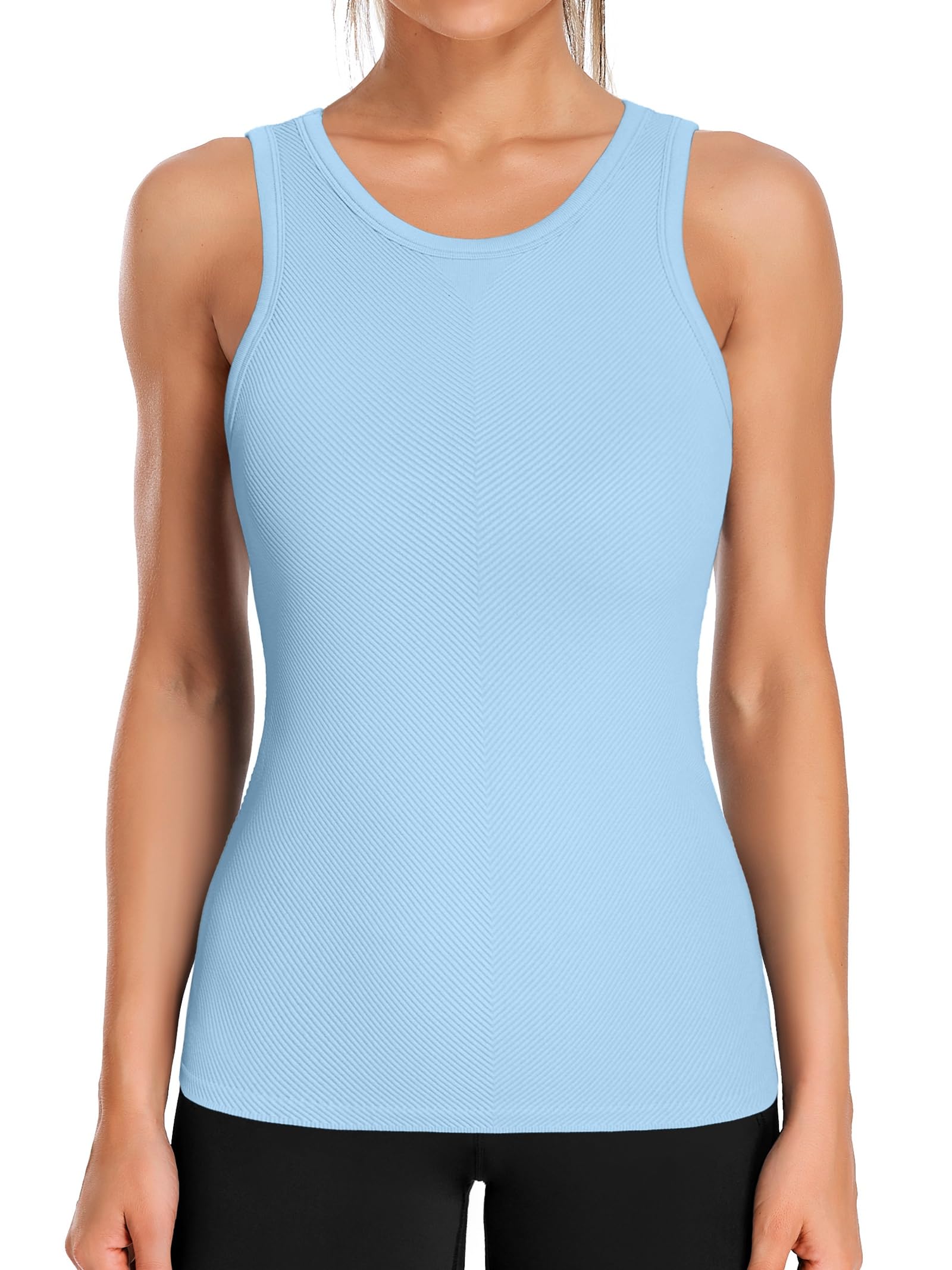 ATTRACO Ribflex Workout Tank Tops for Women Seamless Full Length Gym Tops Athletic Yoga Top Built in Bra Medium Light Blue