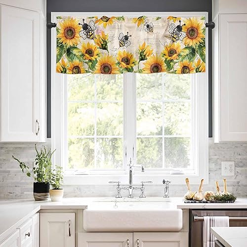 Miniatura 3 de Juego de cortinas de cocina con diseño de girasoles amarillos, cenefa y niveles de 24 pulgadas de largo, cenefa de cortinas cortas con filtro de luz