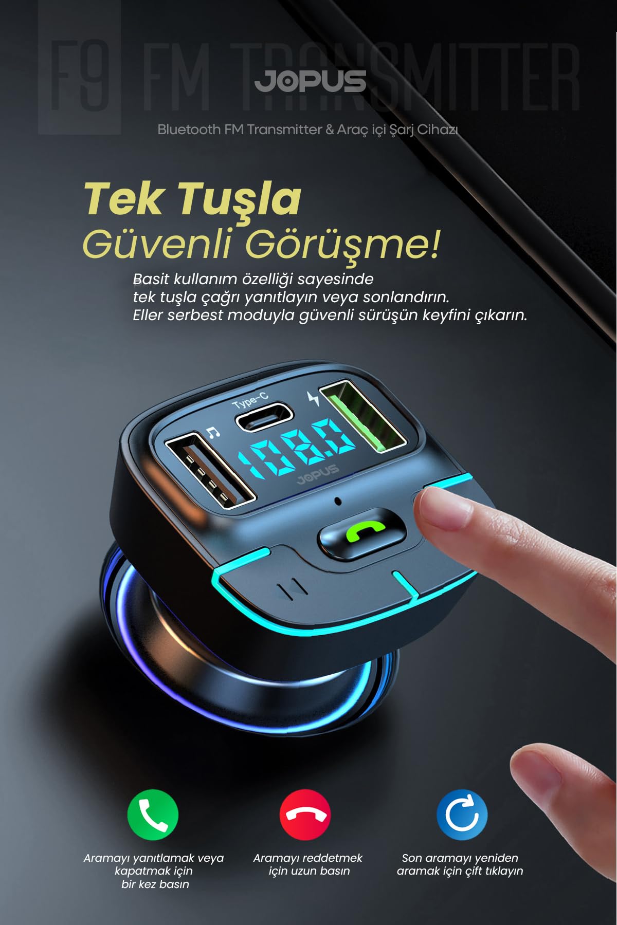 Jopus Bluetooth FM Transmitter Araç Kiti, Hızlı Şarj, USB, Type-C, HD Mikrofon, 9914