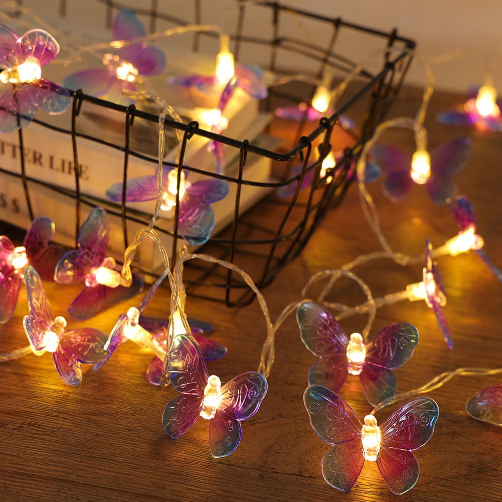 AOOTE Butterfly Decorative Lights, 3M 20 LED Purple Butterflies Fairy Lights, Battery Operated Light String, Butterfly String Light for Valentine Garden Wedding Party Christmas Decor, Warm White