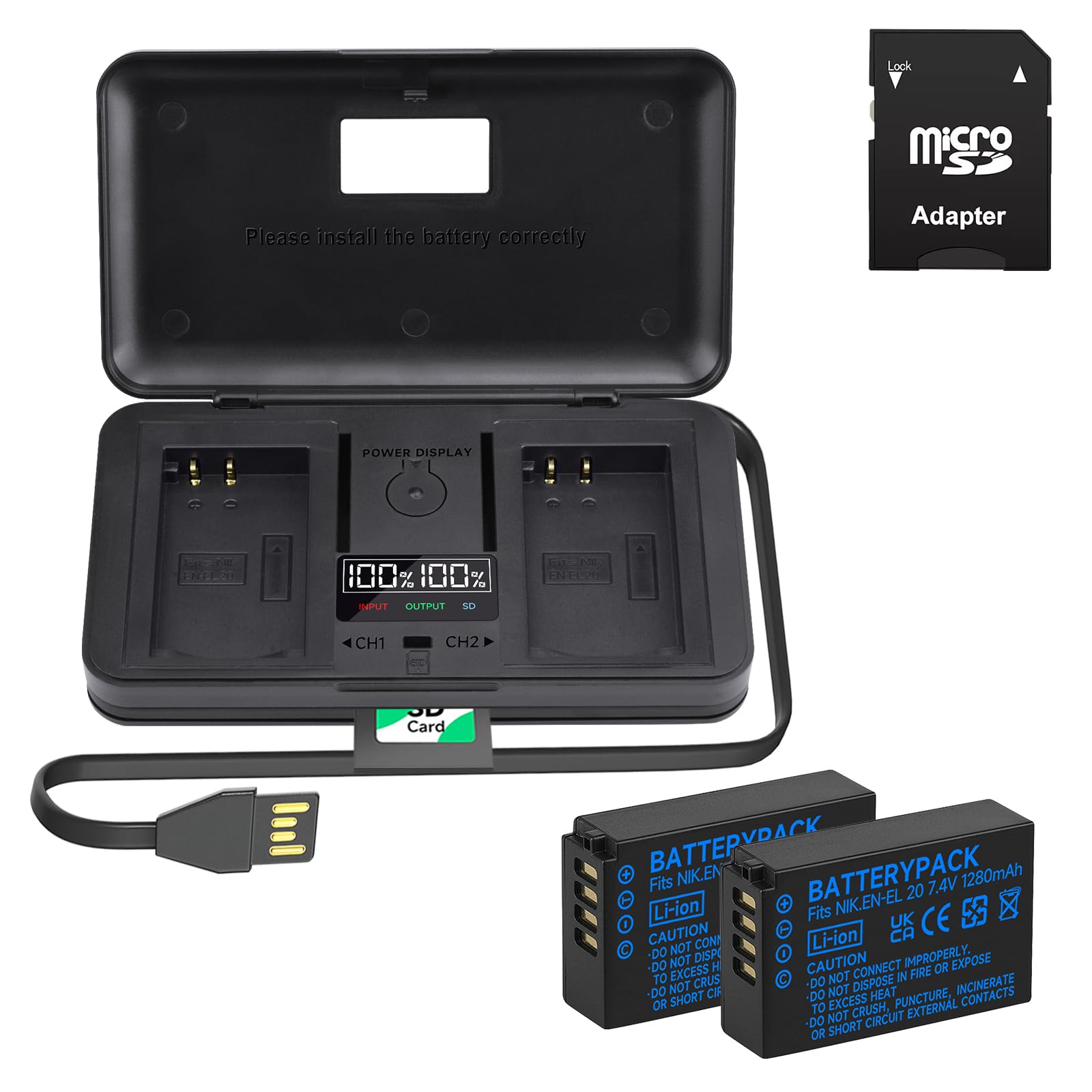 2 Baterías ENEL20 y Pantalla LCD Inteligente Cargador USB Dual para Nikon Coolpix P1000, Coolpix A, Coolpix P950, Coolpix P1100, Nikon 1 J1, 1 J2, 1 J3, 1 S1, 1 V3, DL24-500, 1 AW1
