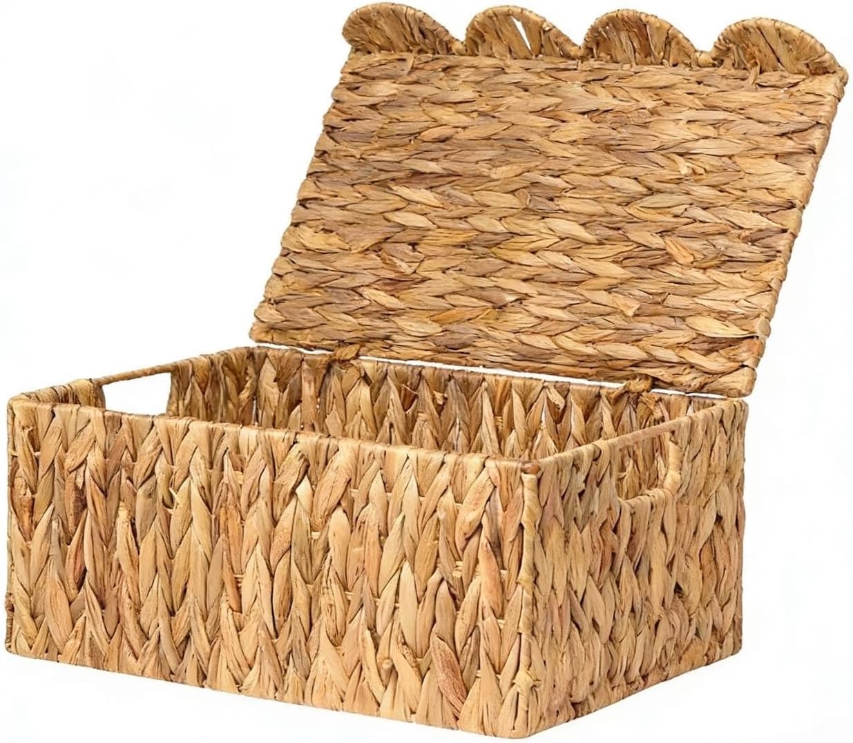 Wicker Basket with Scalloped Edge Lid, Water Hyacinth Storage Basket with Built-in Handles, Handwoven Wicker Box for Living Room, 15" L x 11 ¼" W x 7" H