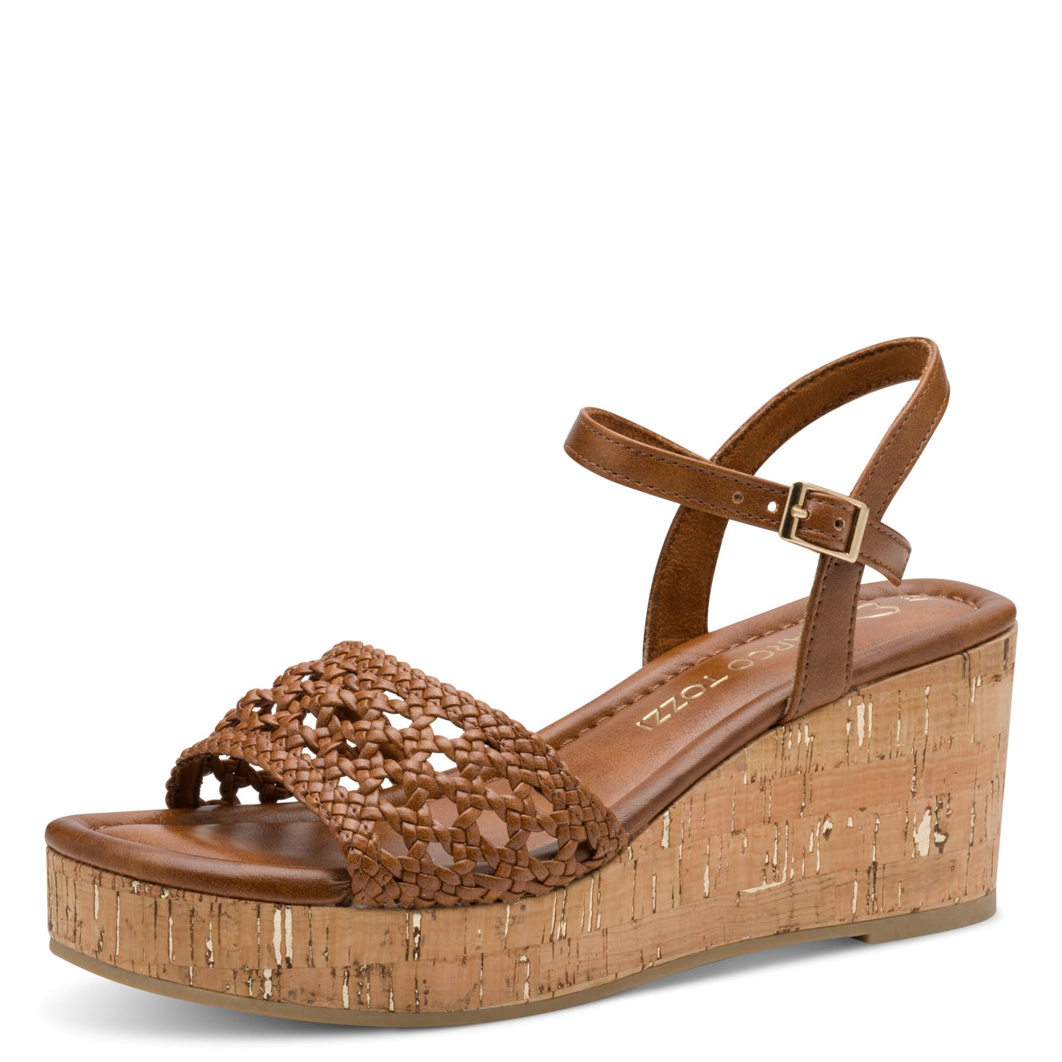 MARCO TOZZI Women's Wedge Heel Sandals Comfortable with Hole Pattern, Cognac, 8.5 UK