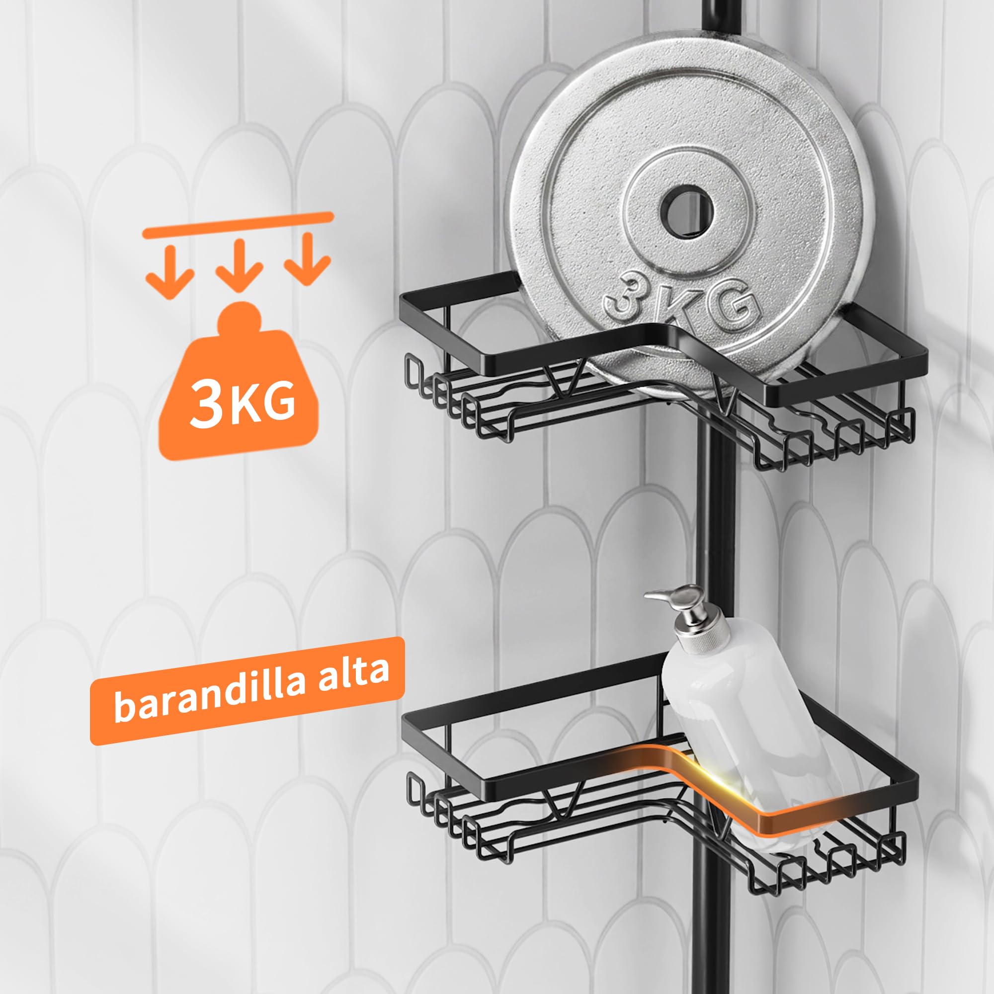KEGII Telescópica Estantería Ducha, Esquina Estante Ducha, Estanteria baño Sin Taladro, Estanteria Ducha con 4 Cestas para Bañera y Baño, Altura Ajustable 63.5-290 CM，Negro